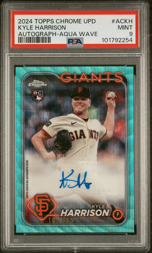 2024 Topps Chrome Update Autographs #ACKH Kyle Harrison Aqua Wave PSA 9
