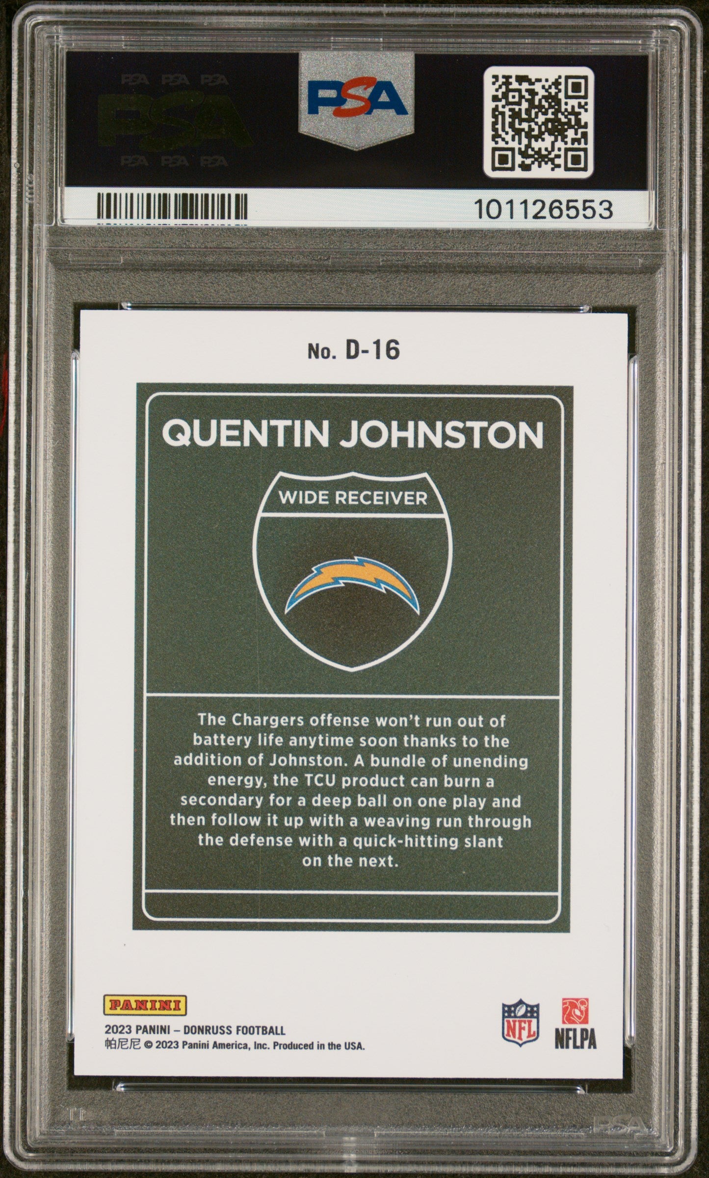 2023 Panini Donruss Downtown! #D16 Quentin Johnston PSA 10