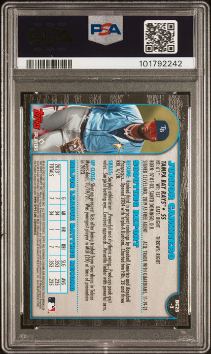 2024 Bowman Chrome 1999 Bowman Chrome 25th Anniversary #7 Junior Caminero PSA 10