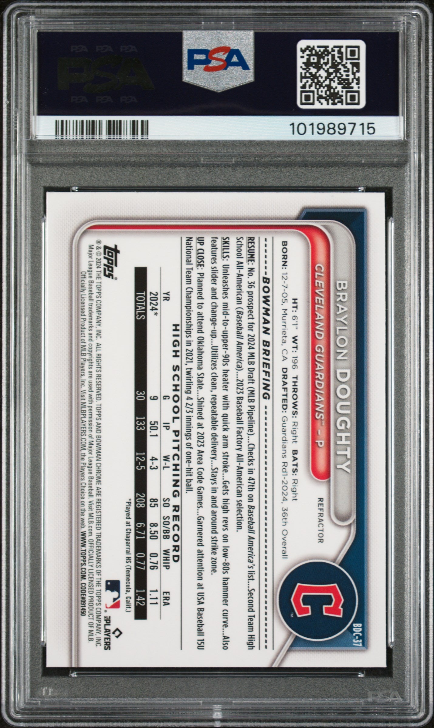 2024 Bowman Draft #BDC37 Braylon Doughty Chrome-Refractor PSA 10