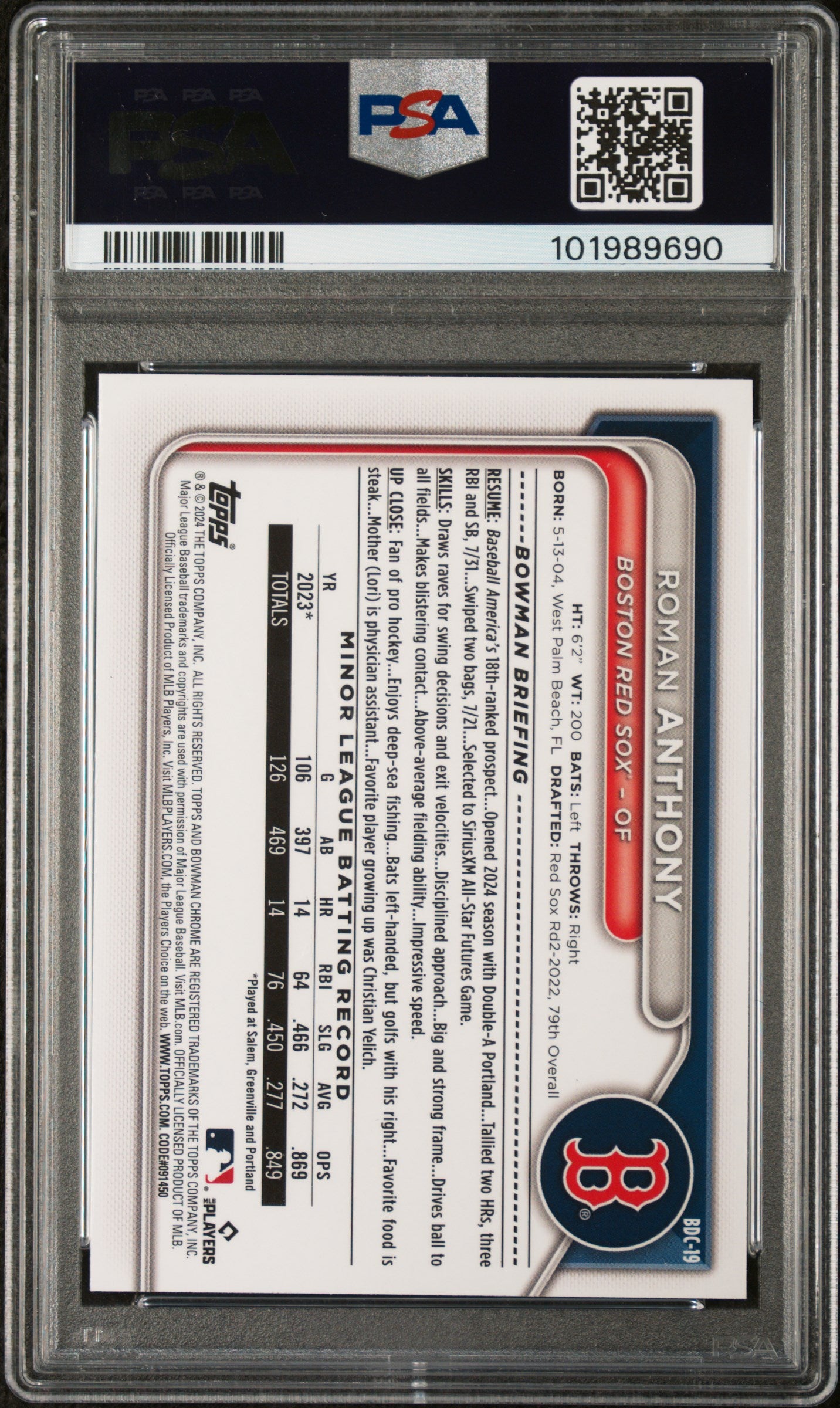 2024 Bowman Draft #BDC19 Roman Anthony Chrome-Steel Metal Ref PSA 9