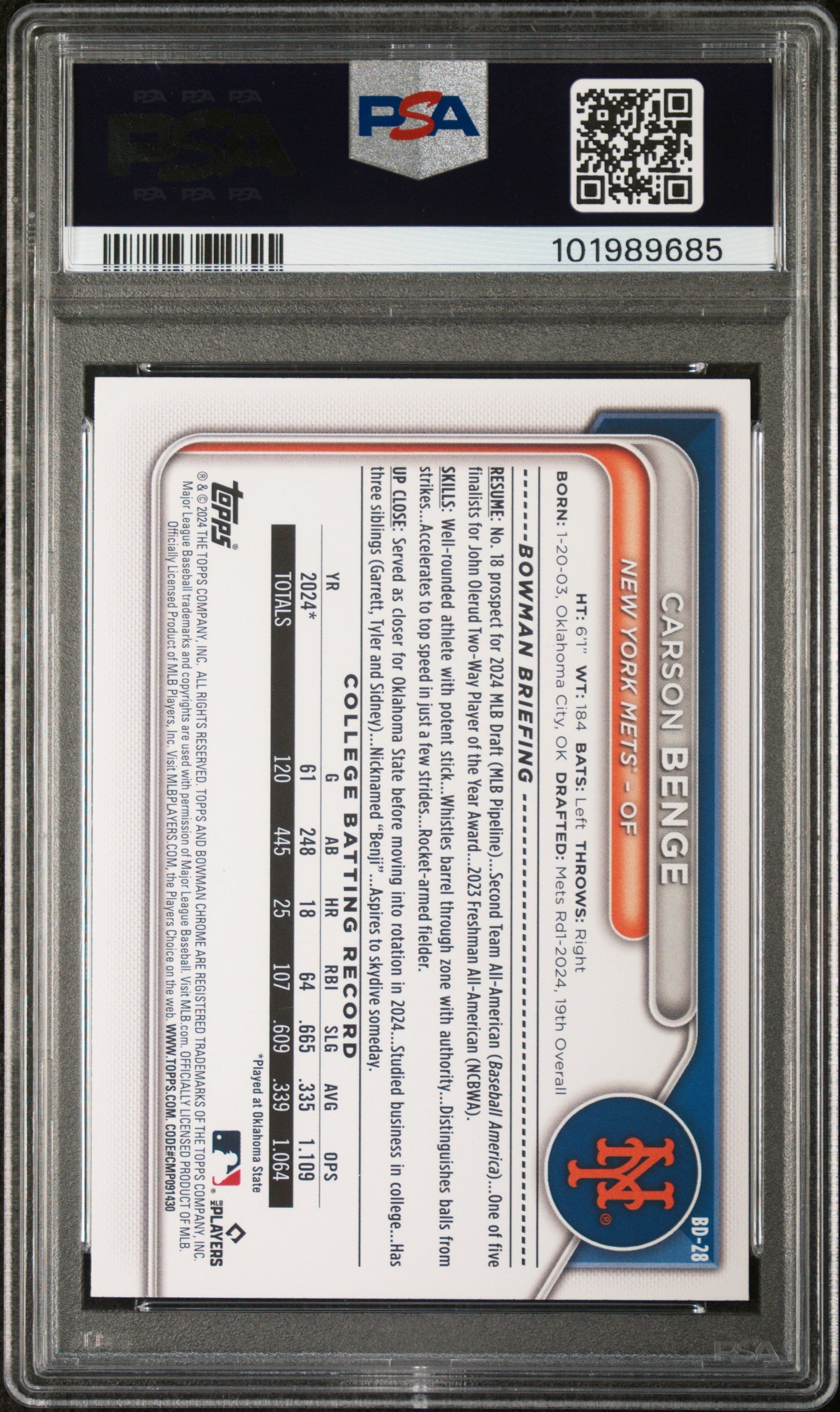 2024 Bowman Draft #BD28 Carson Benge Sky Blue PSA 10