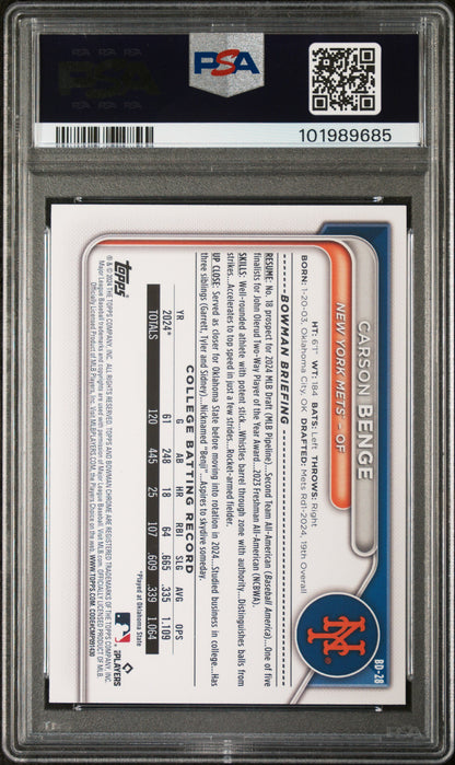 2024 Bowman Draft #BD28 Carson Benge Sky Blue PSA 10