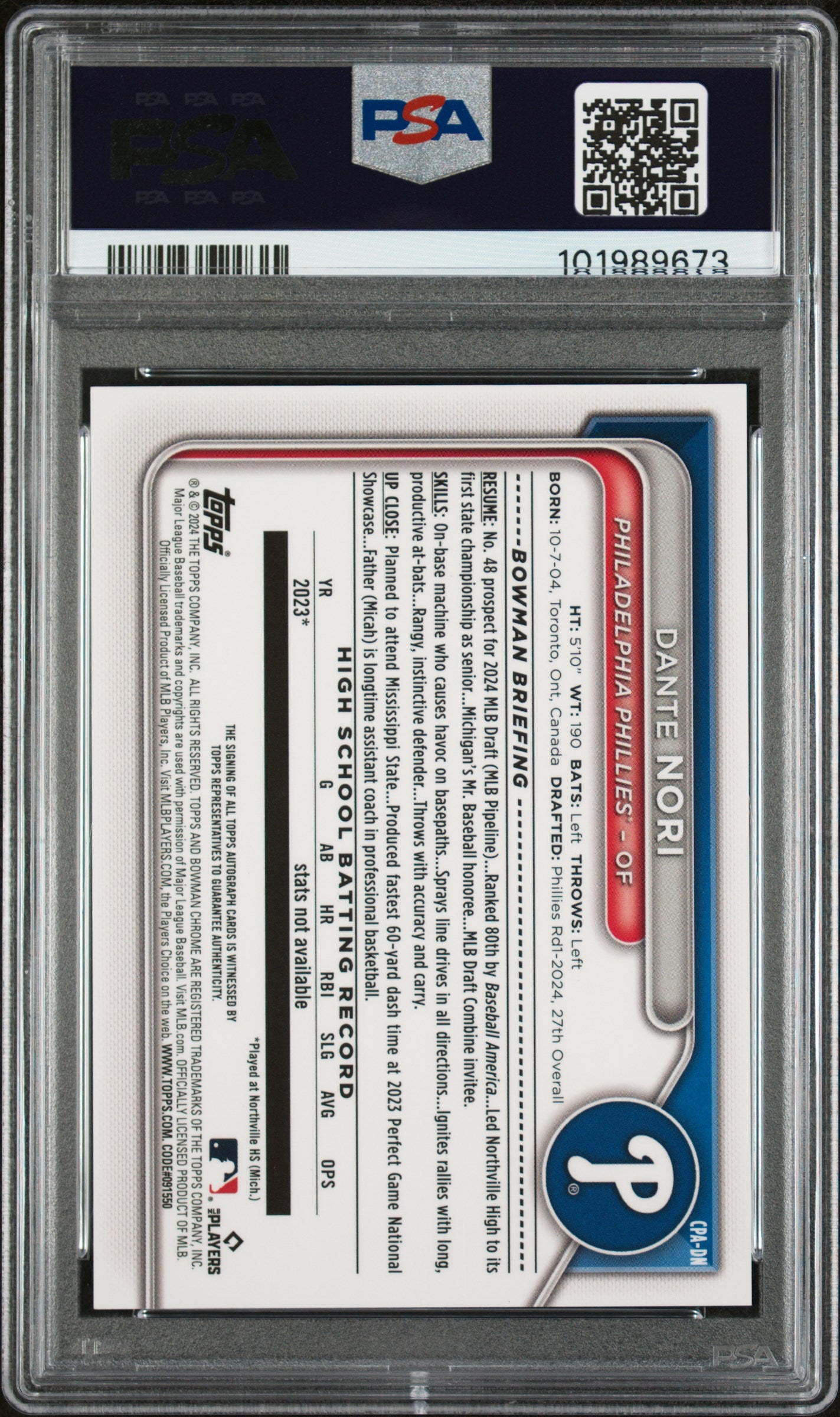 2024 Bowman Draft Chrome Autographs #CPADN Dante Nori-Blue/150 PSA 9
