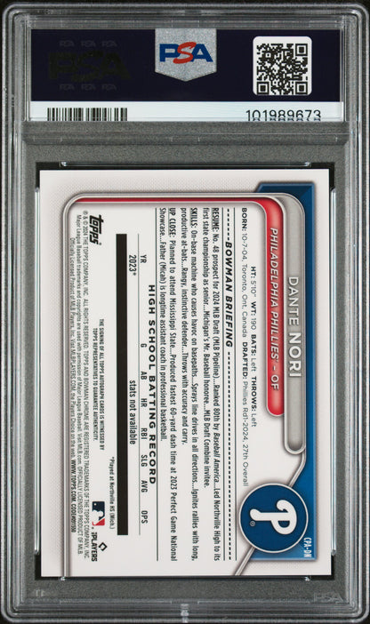 2024 Bowman Draft Chrome Autographs #CPADN Dante Nori-Blue/150 PSA 9