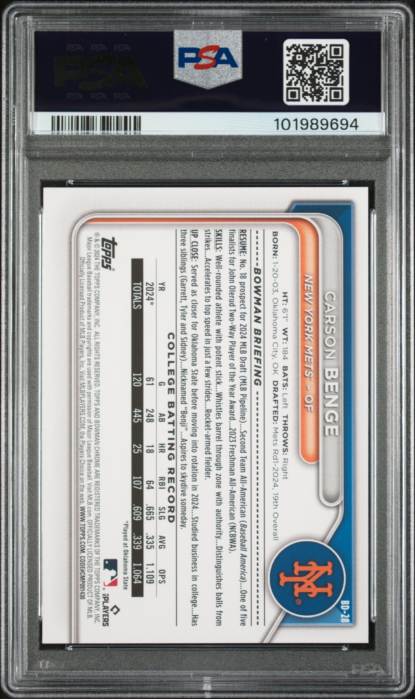 2024 Bowman Draft #BD28 Carson Benge PSA 9