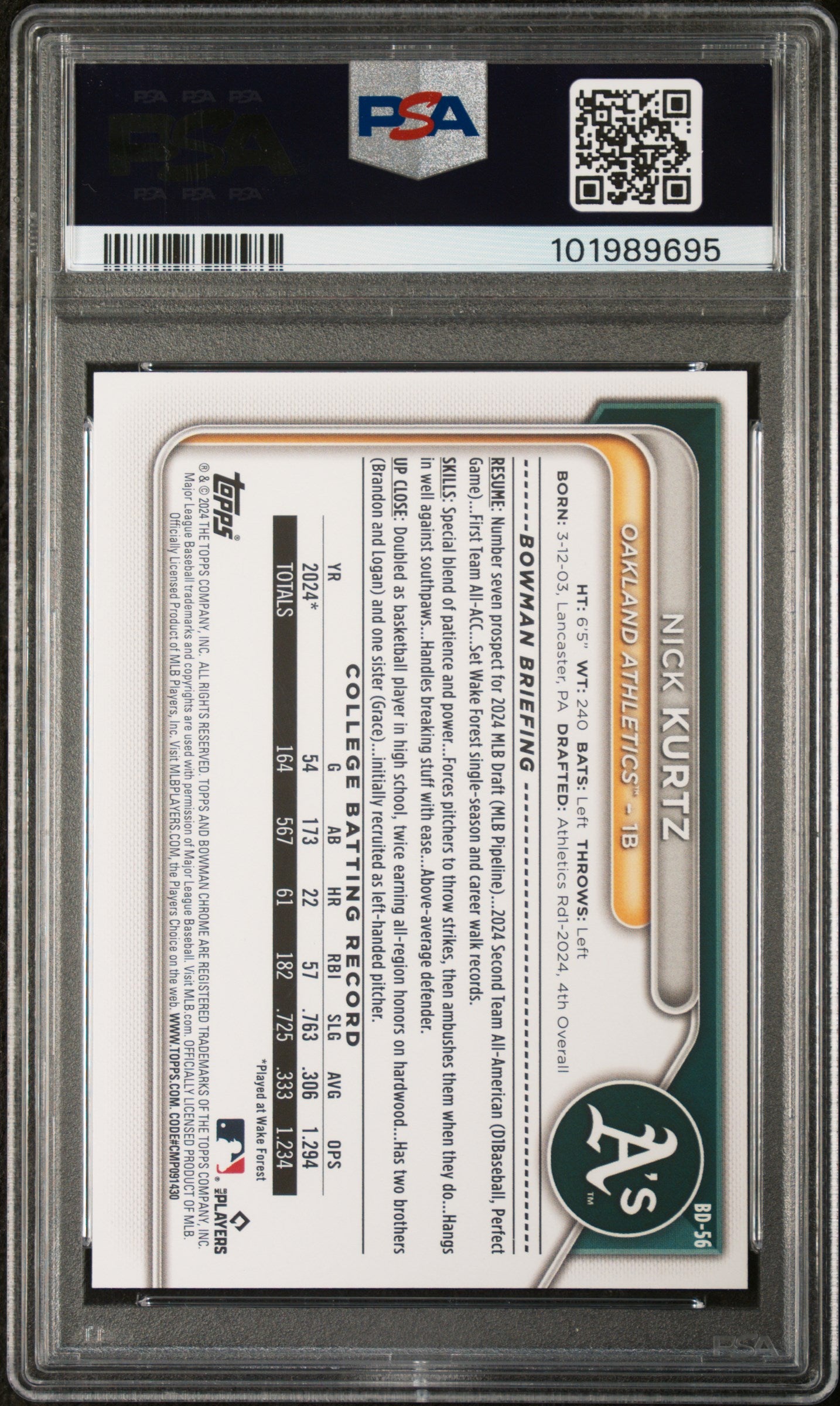 2024 Bowman Draft #BD56 Nick Kurtz PSA 9
