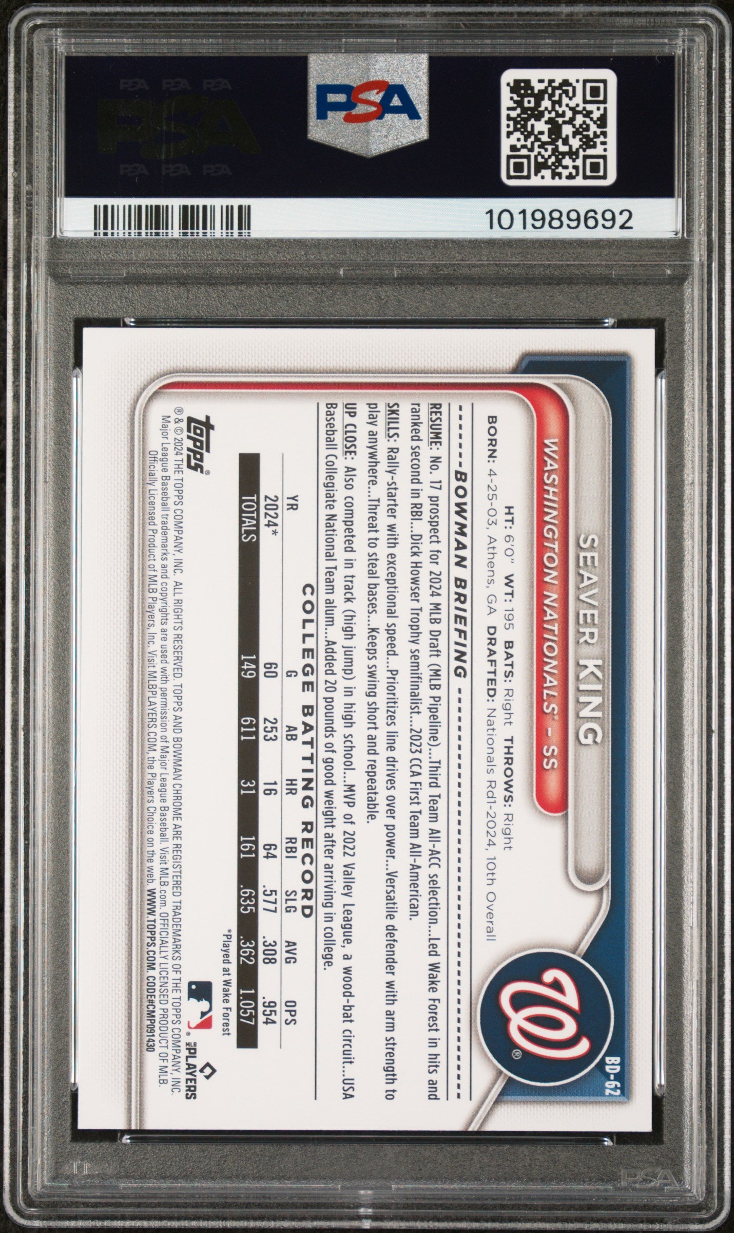 2024 Bowman Draft #BD62 Seaver King PSA 9