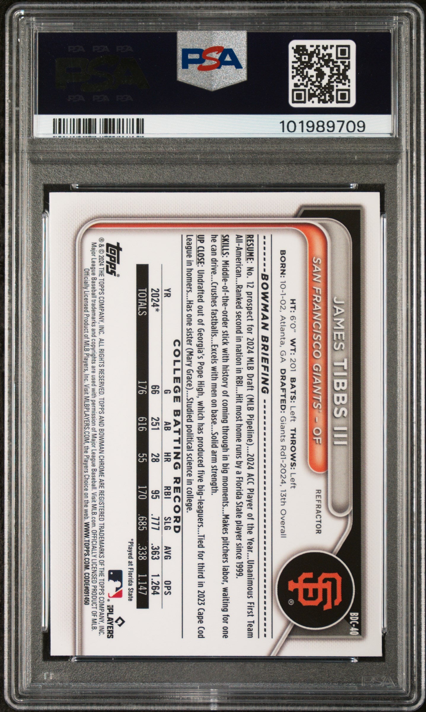 2024 Bowman Draft #BDC40 James Tibbs Iii Chrome-Refractor PSA 10