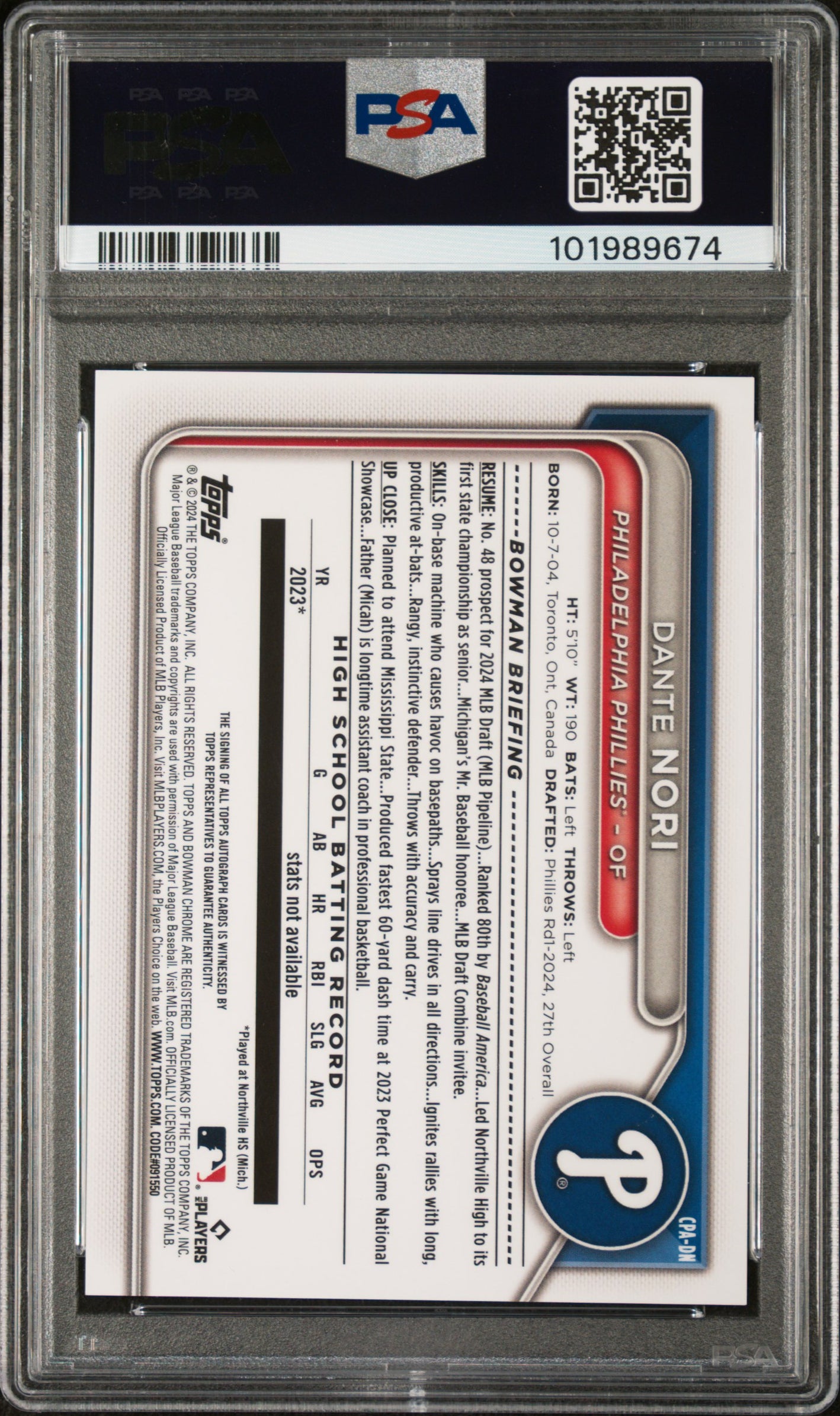 2024 Bowman Draft Chrome Autographs #CPADN Dante Nori Gold Wave/50 PSA 9