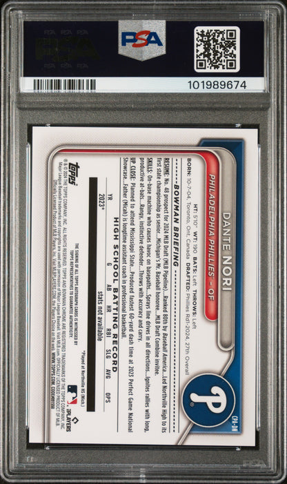 2024 Bowman Draft Chrome Autographs #CPADN Dante Nori Gold Wave/50 PSA 9