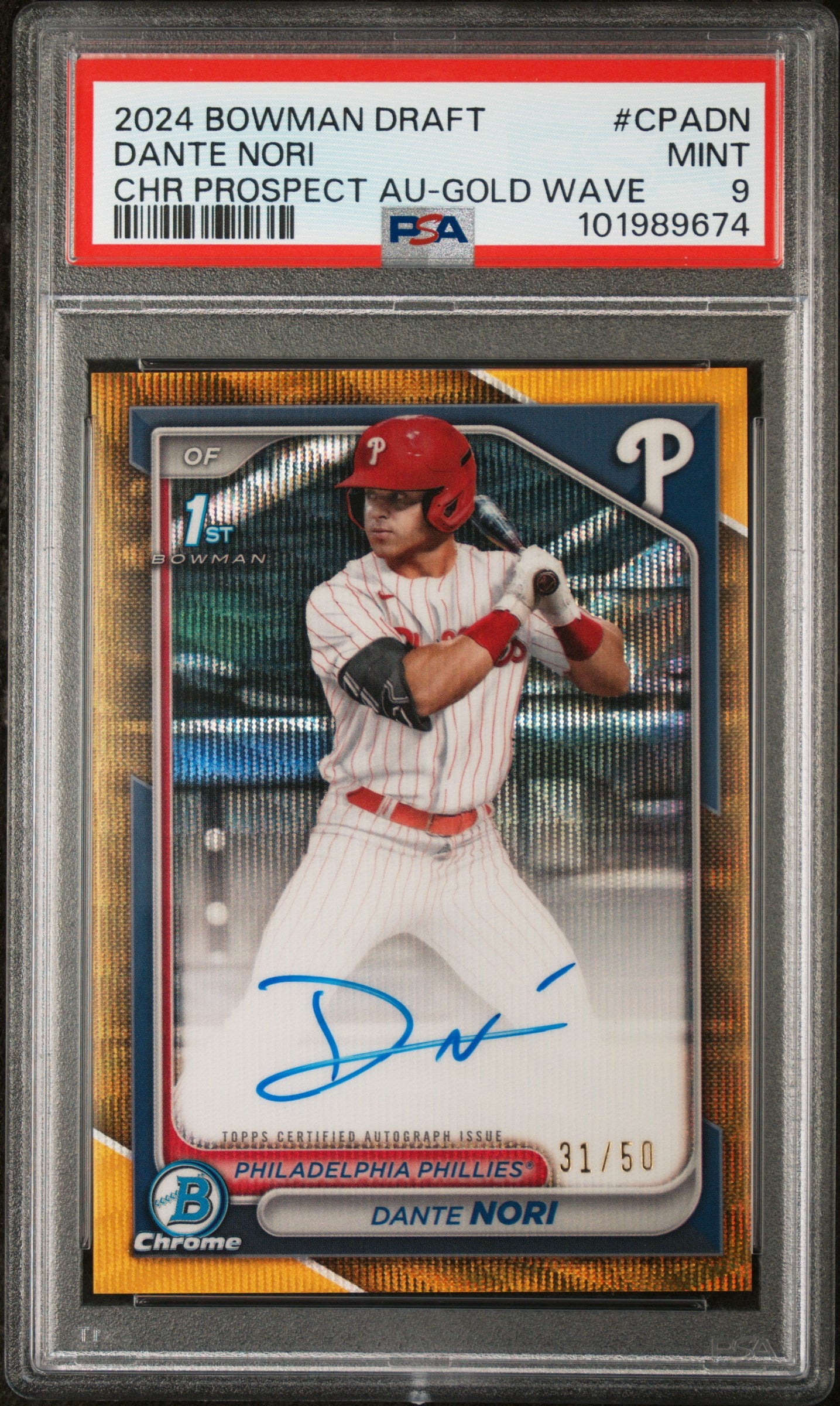 2024 Bowman Draft Chrome Autographs #CPADN Dante Nori Gold Wave/50 PSA 9
