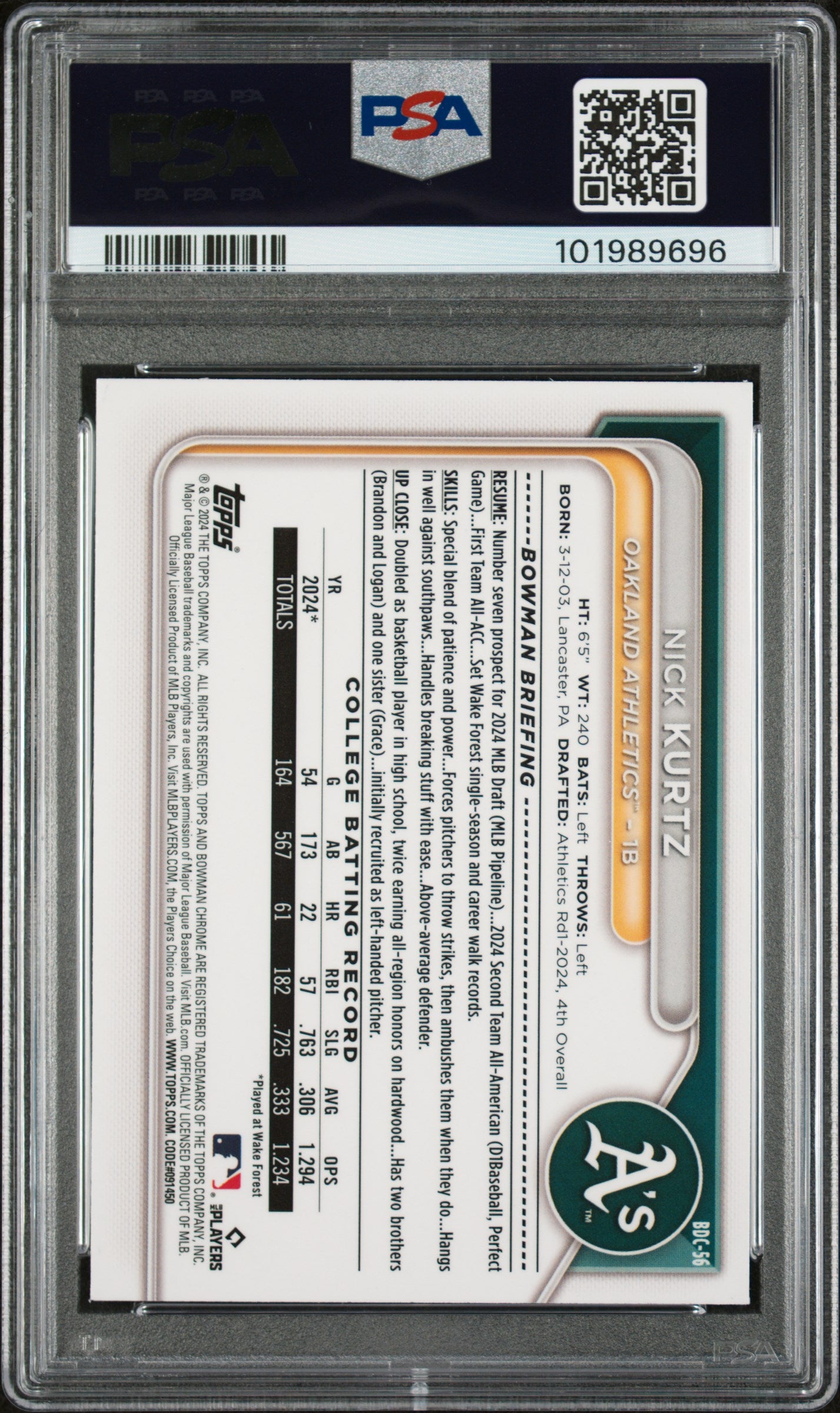 2024 Bowman Draft #BDC56 Nick Kurtz Chrome PSA 9