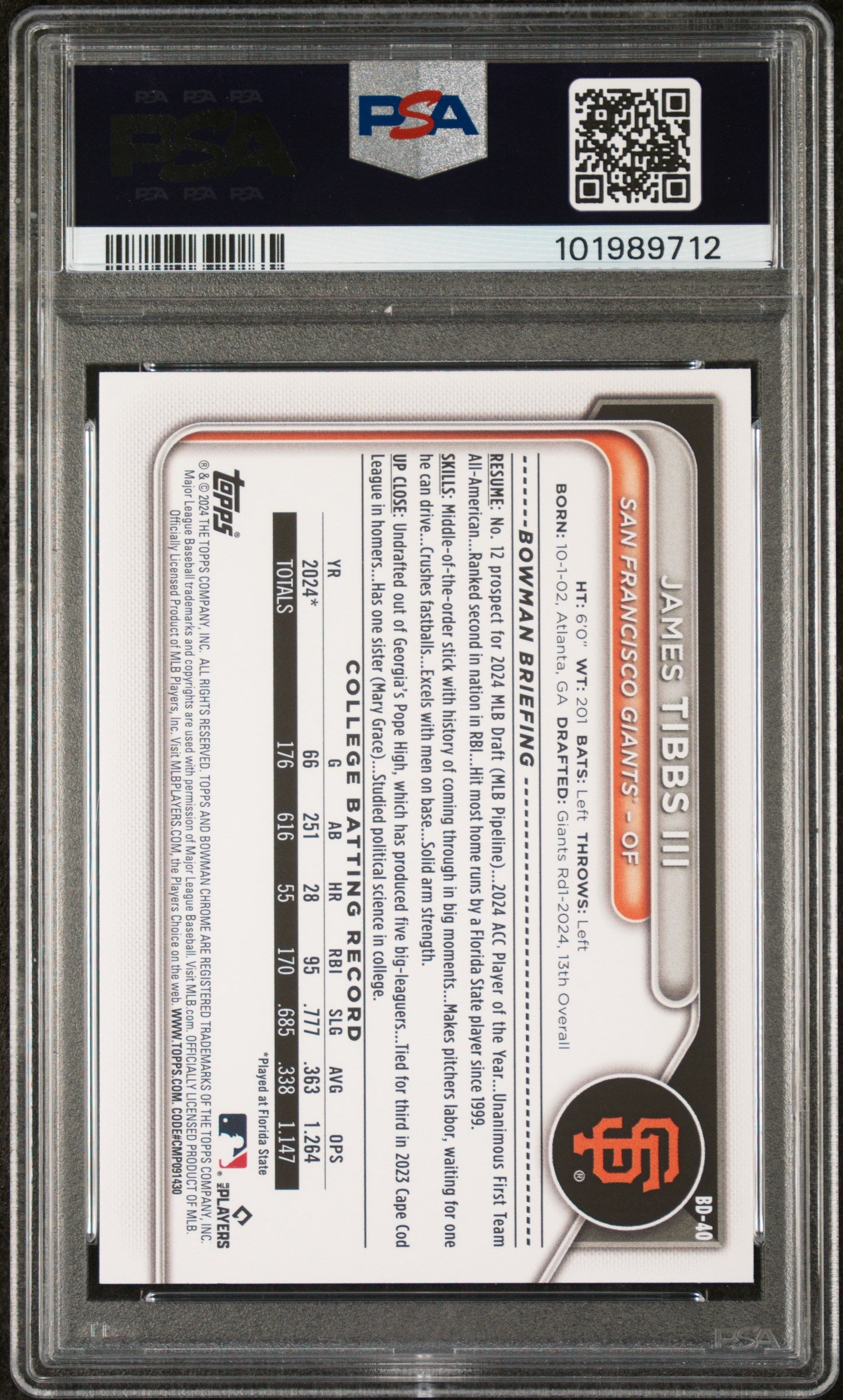 2024 Bowman Draft #BD40 James Tibbs Iii PSA 10