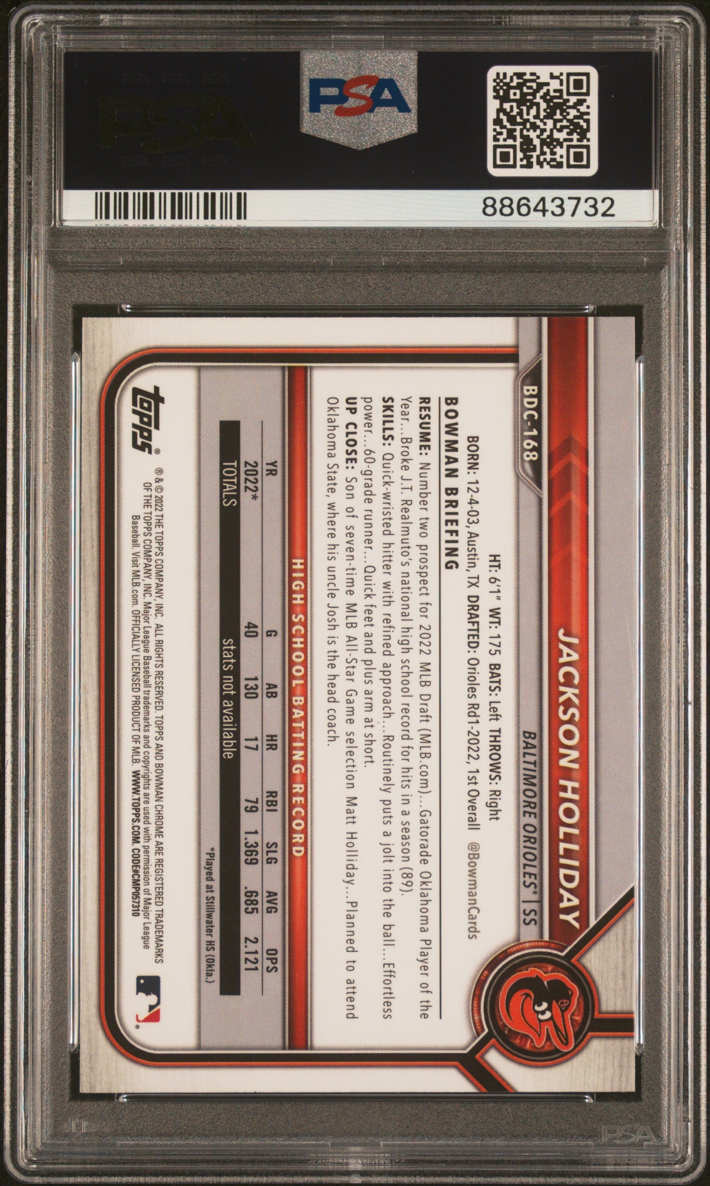 2022 Bowman Draft #BDC168 Jackson Holliday Chrome PSA 10