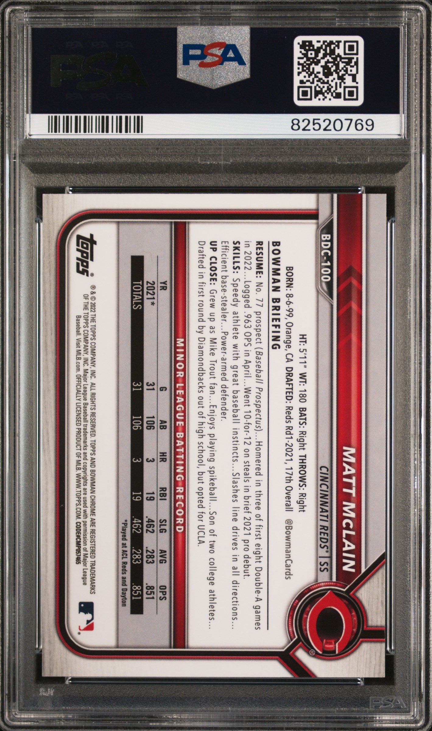 2022 Bowman Draft Chrome Sapphire Edition #BDC100 Matt Mclain Green PSA 10