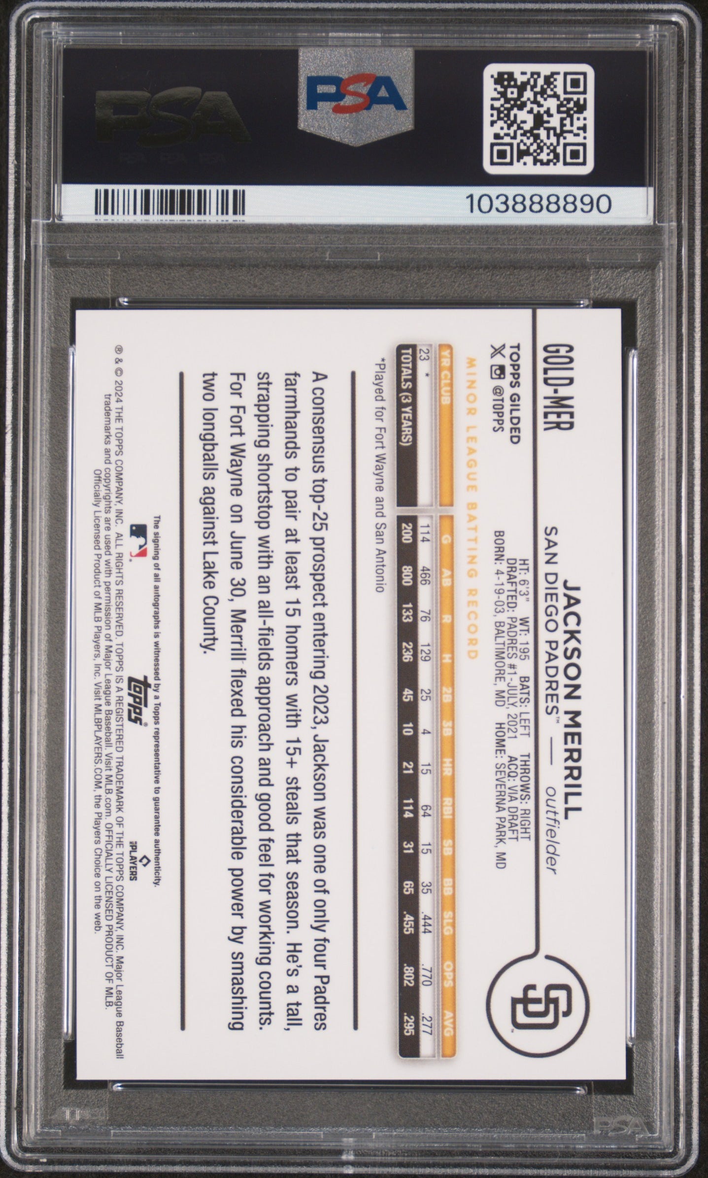 2024 Topps Gilded  Variation Autographs #MER Jackson Merrill PSA 9