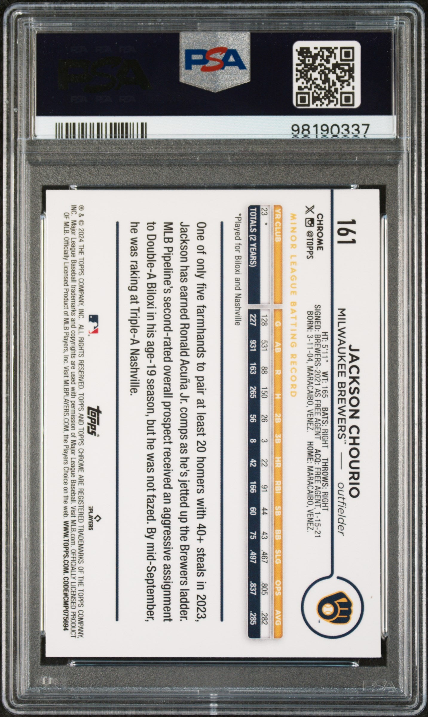 2024 Topps Chrome #161 Jackson Chourio Green Raywave PSA 10
