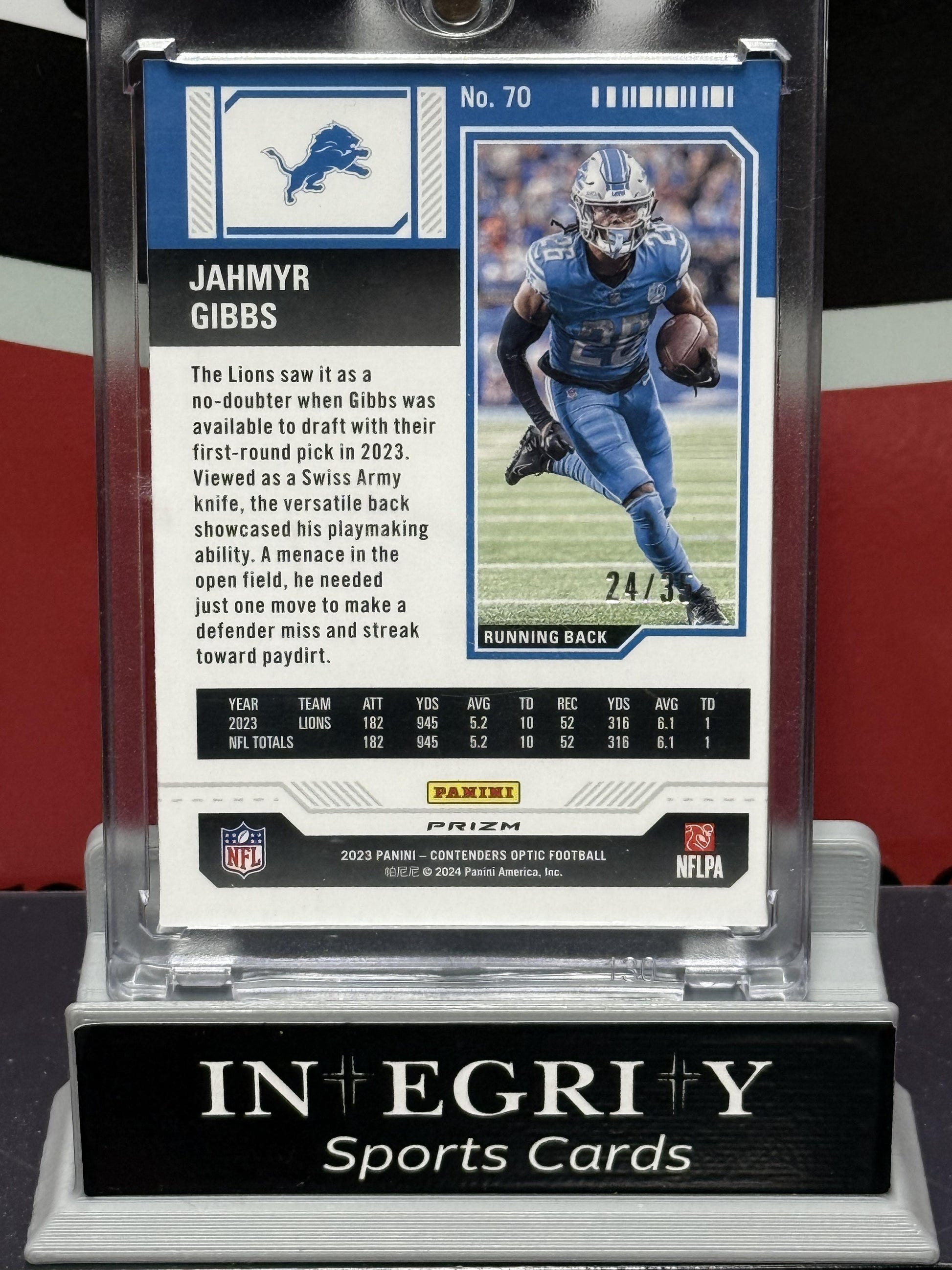 2023 Panini Contenders Optic #70 Jahmyr Gibbs Green Pulsar #/35