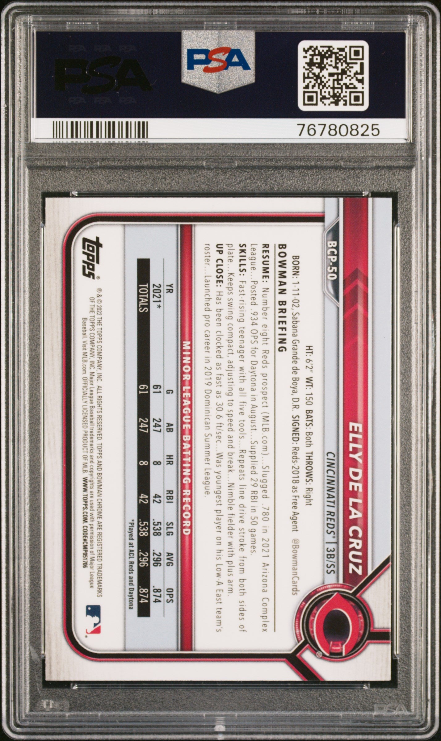 2022 Bowman Chrome Prospects #BCP50 Elly De La Cruz Chrome Prospects PSA 10