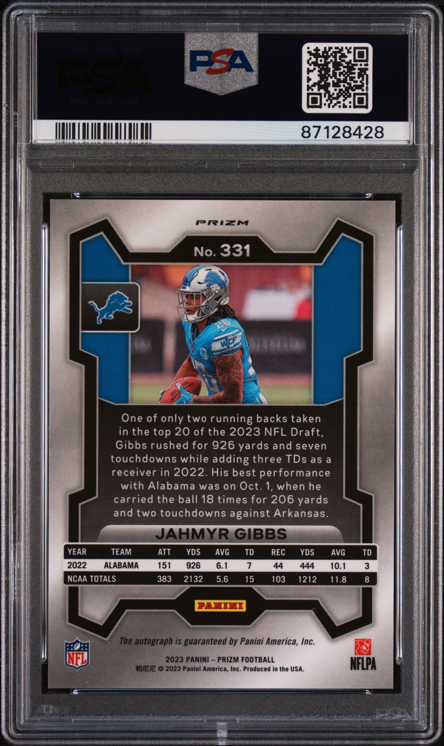 2023 Panini Prizm #331 Jahmyr Gibbs Autograph PSA 9