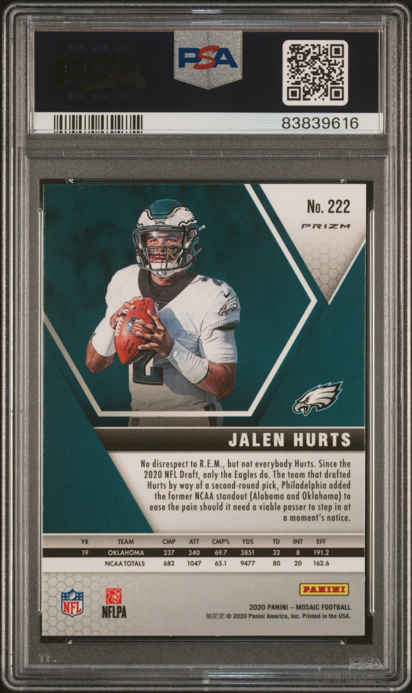 2020 Panini Mosaic #222 Jalen Hurts Reactive Gold PSA 10