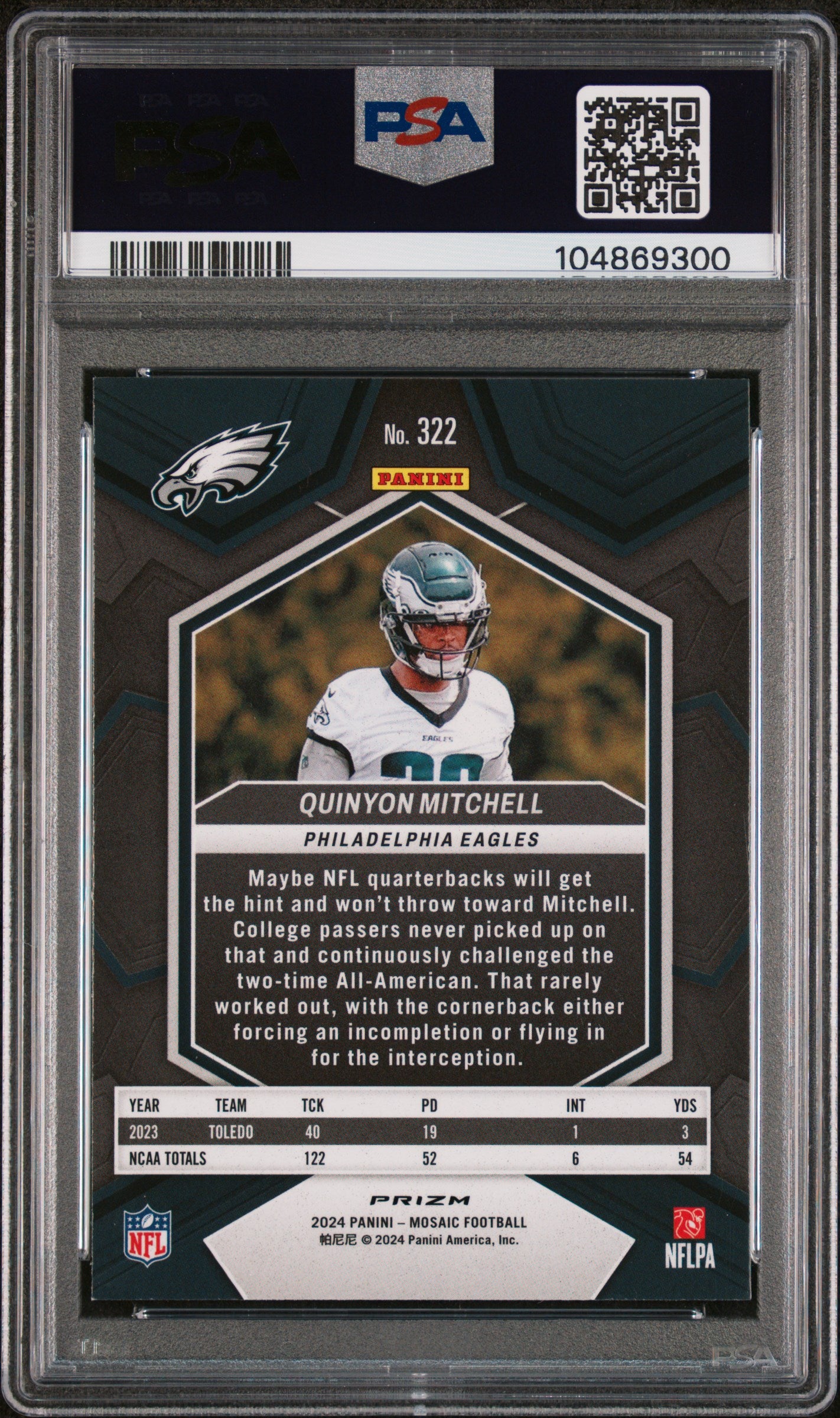 2024 Panini Mosaic #322 Quinyon Mitchell Honeycomb PSA 9