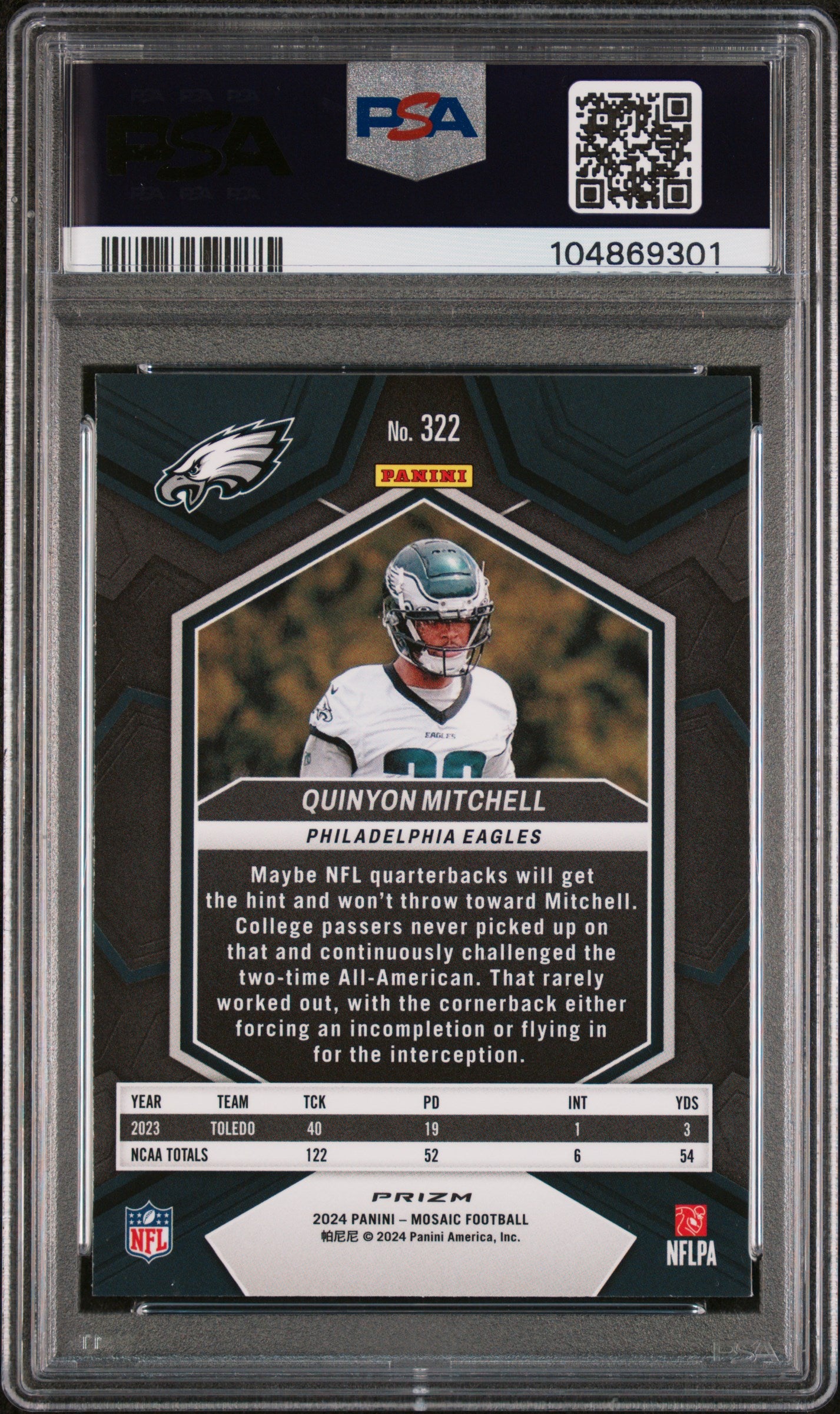 2024 Panini Mosaic #322 Quinyon Mitchell Honeycomb PSA 9