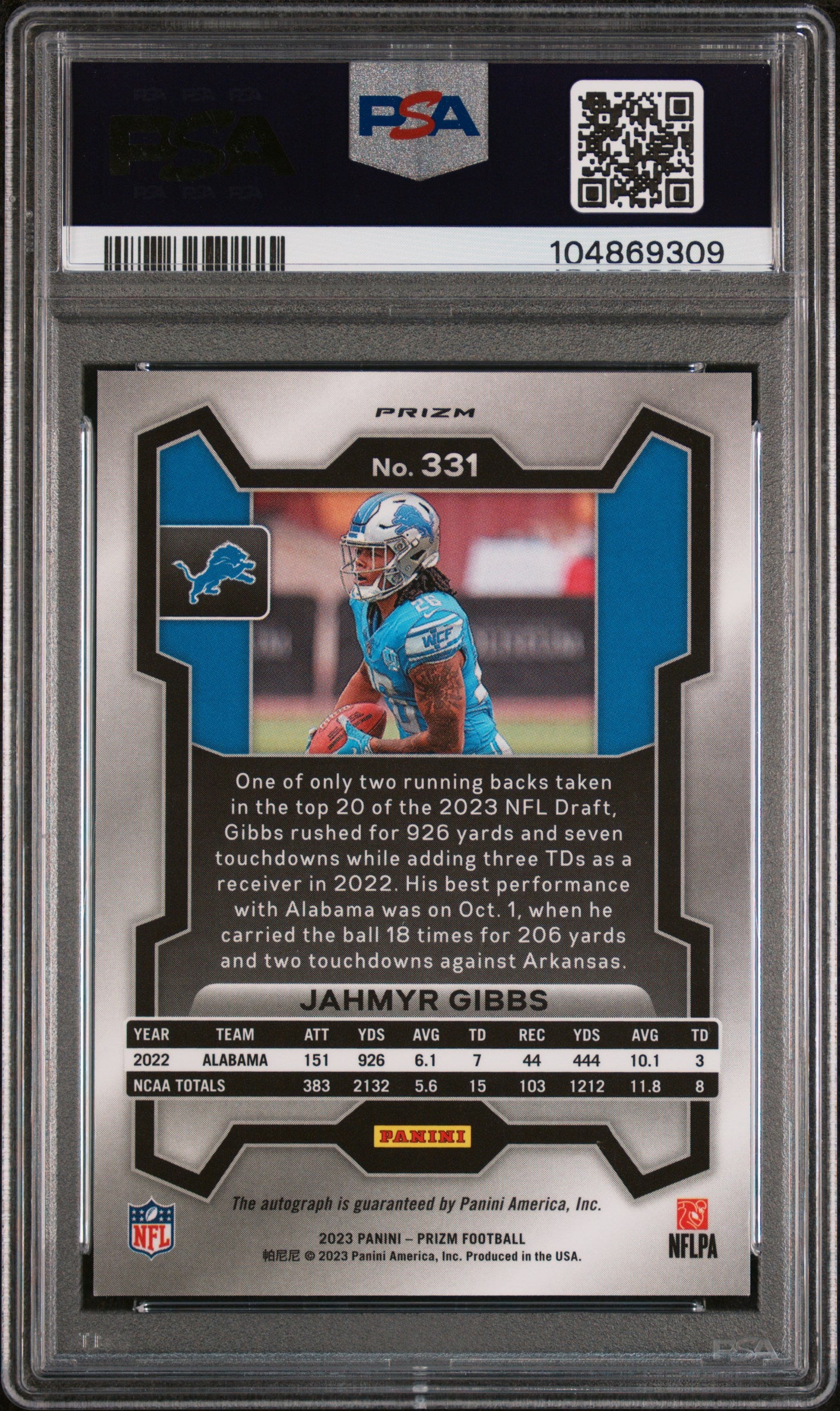 2023 Panini Prizm #331 Jahmyr Gibbs Autograph-Pink Prizm PSA 9