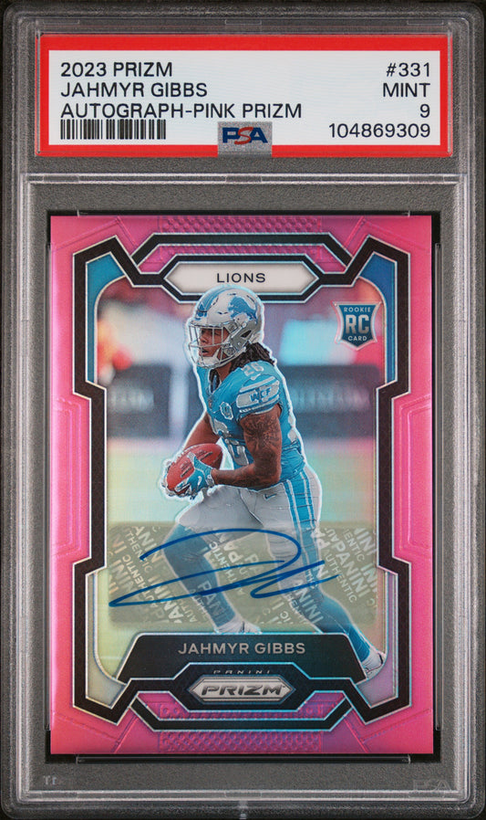 2023 Panini Prizm #331 Jahmyr Gibbs Autograph-Pink Prizm PSA 9