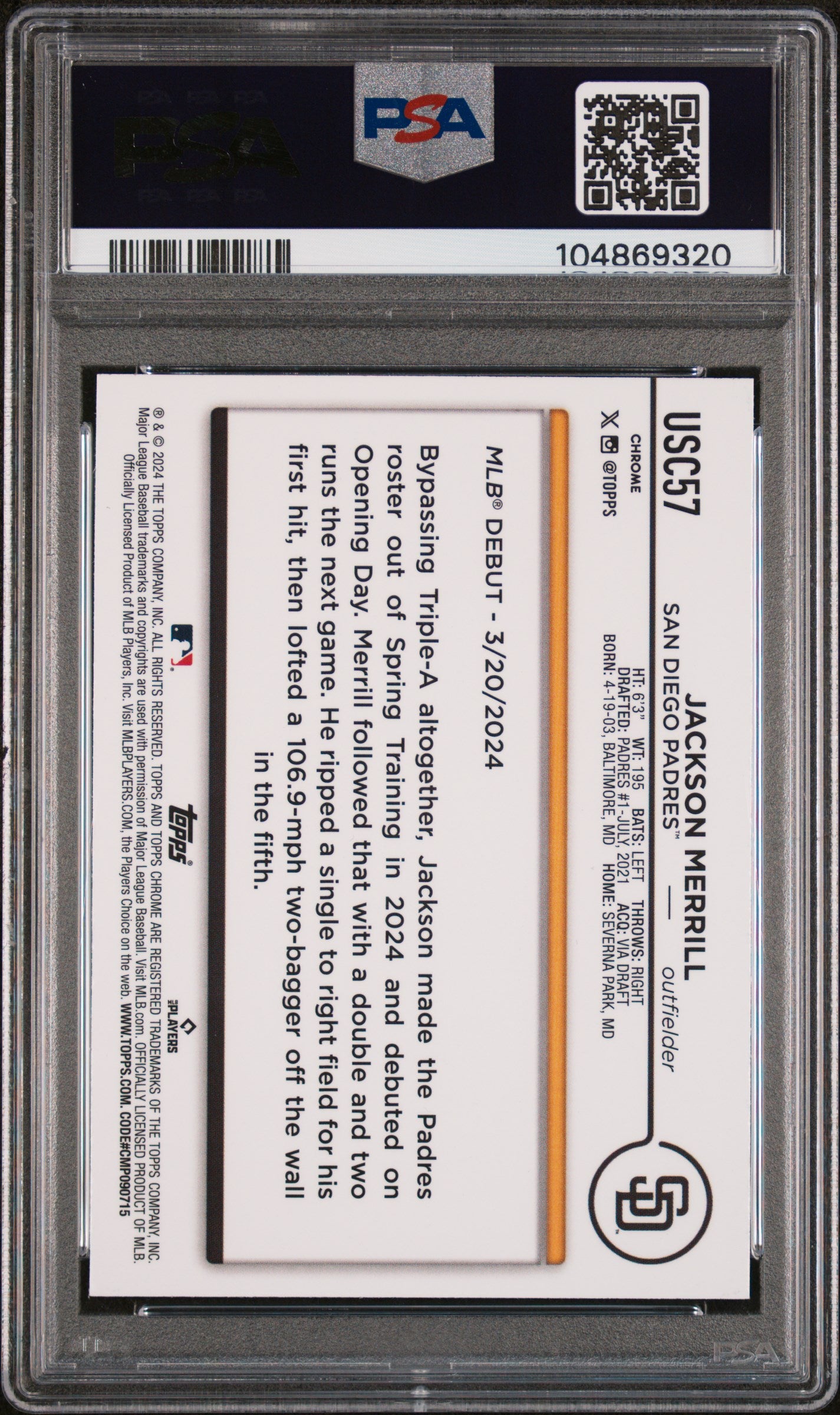 2024 Topps Chrome Update #USC57 Jackson Merrill X-Fractor PSA 10