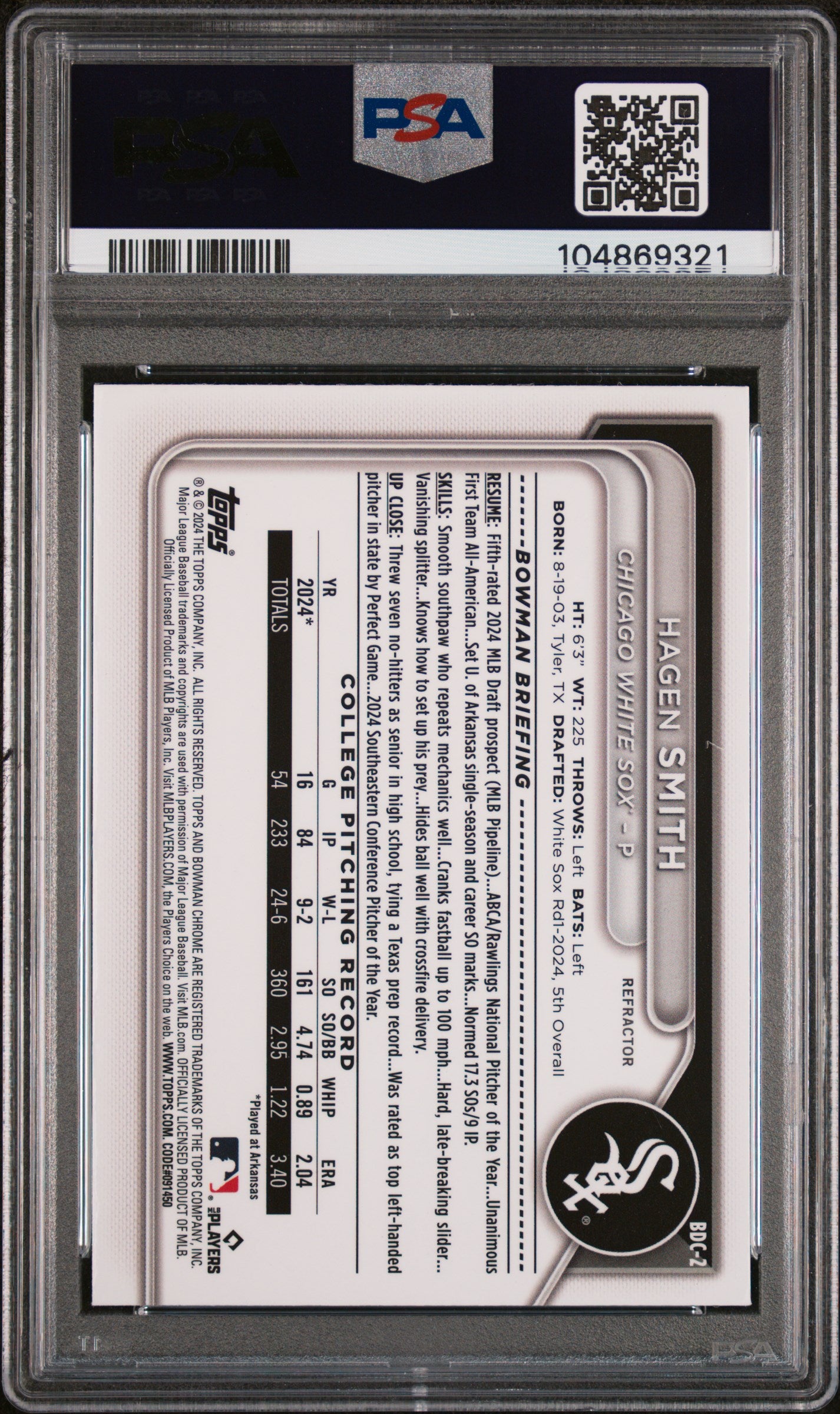 2024 Bowman Draft #BDC2 Hagen Smith Chrome-Refractor PSA 10