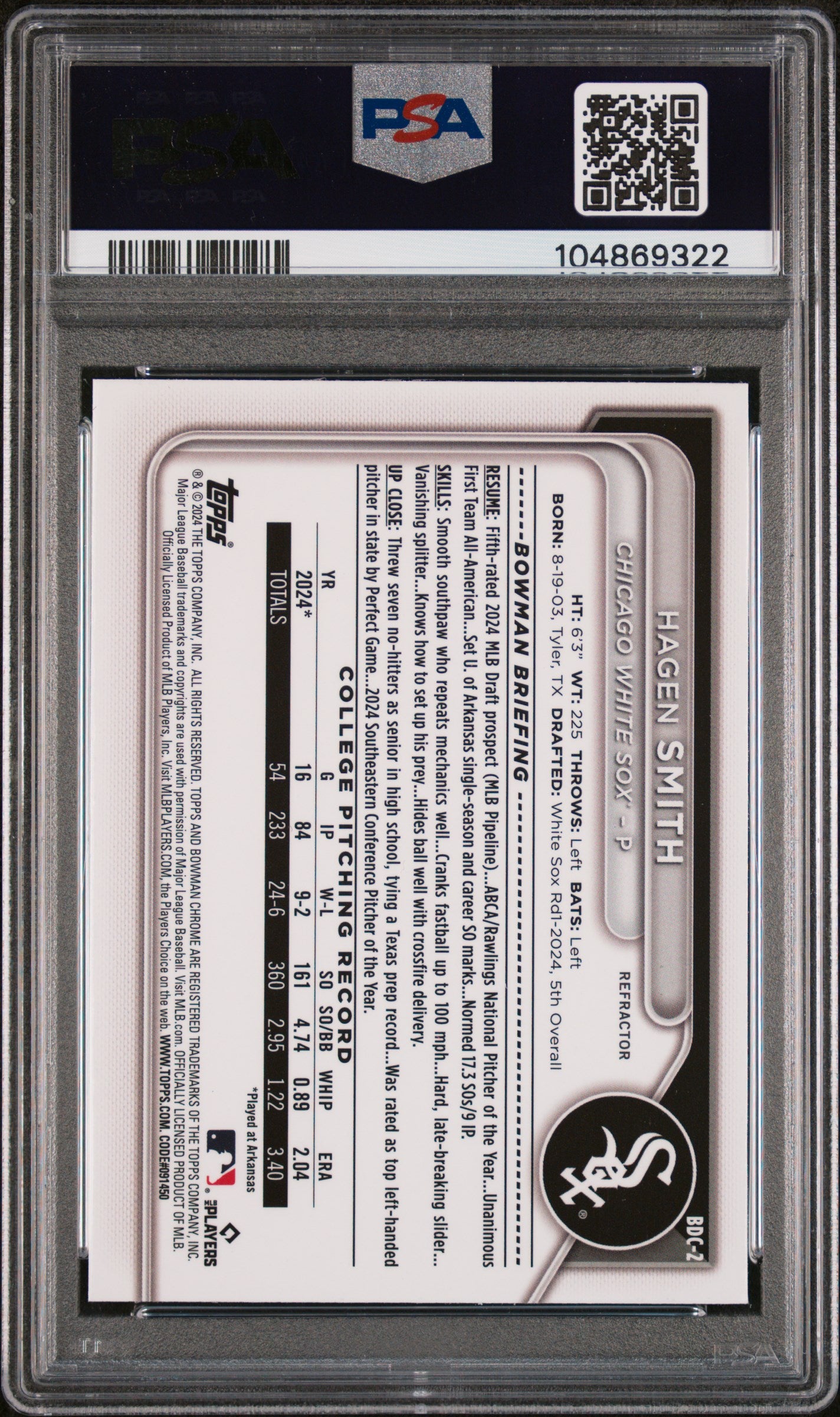 2024 Bowman Draft #BDC2 Hagen Smith Chrome-Refractor PSA 10