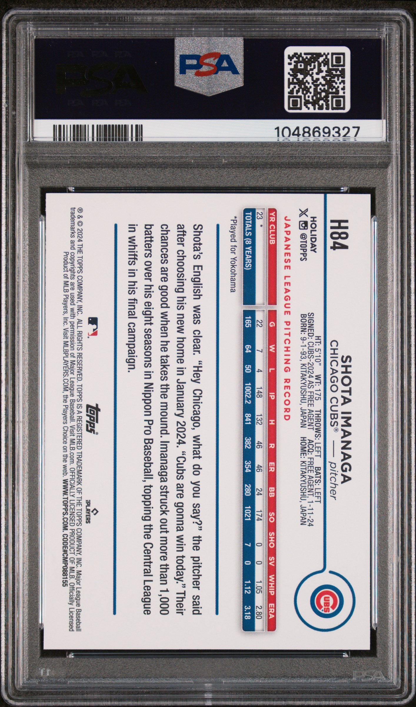 2024 Topps Holiday #H84 Shota Imanaga Variation PSA 9