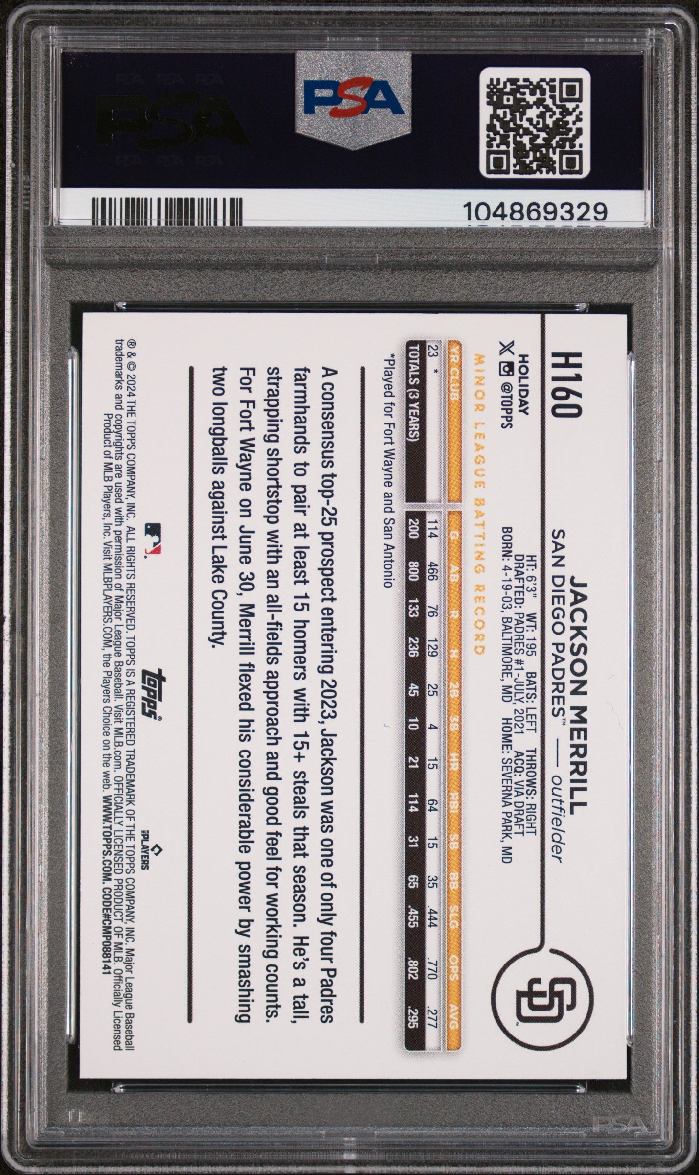 2024 Topps Holiday #H160 Jackson Merrill PSA 9