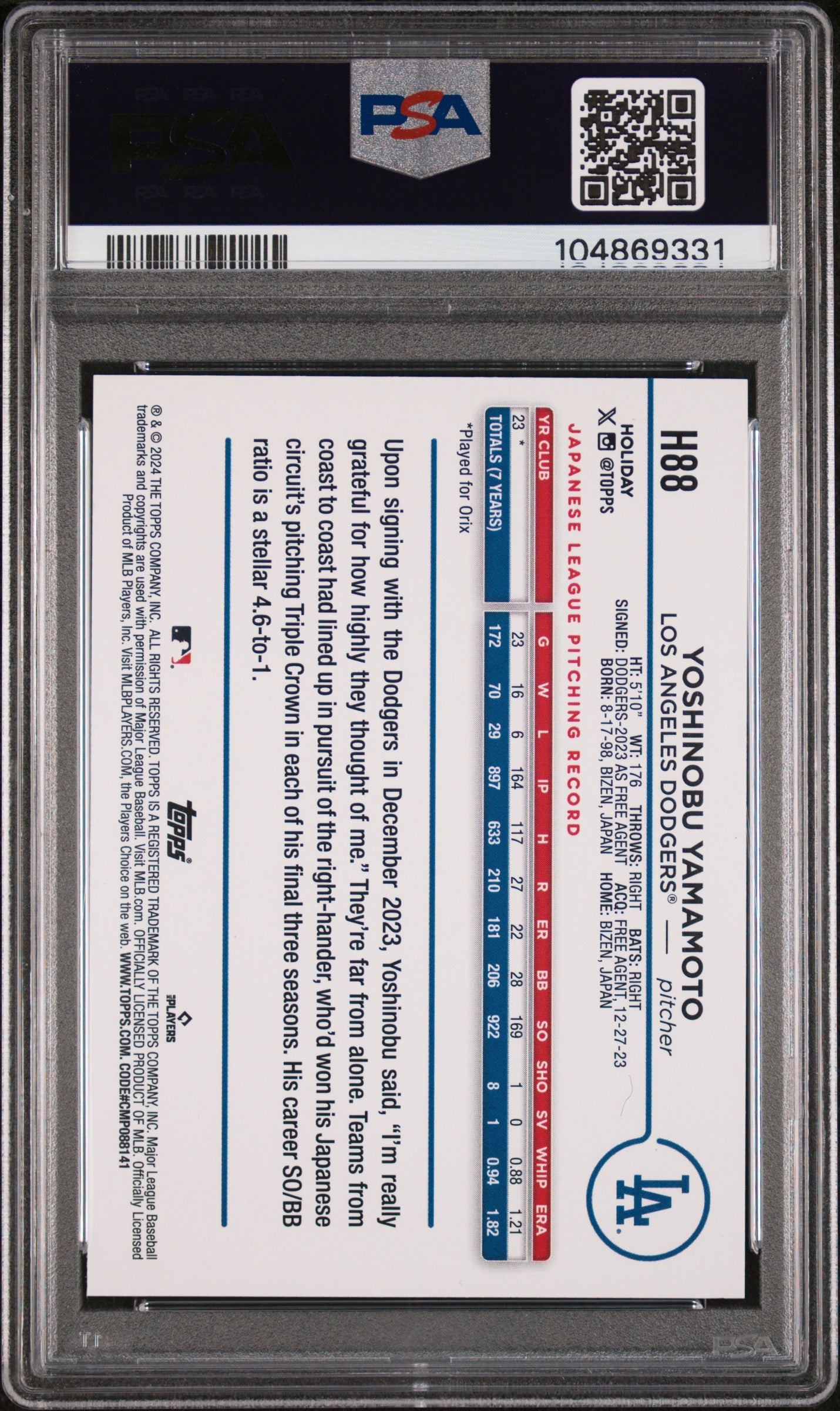 2024 Topps Holiday #H88 Yoshinobu Yamamoto PSA 10