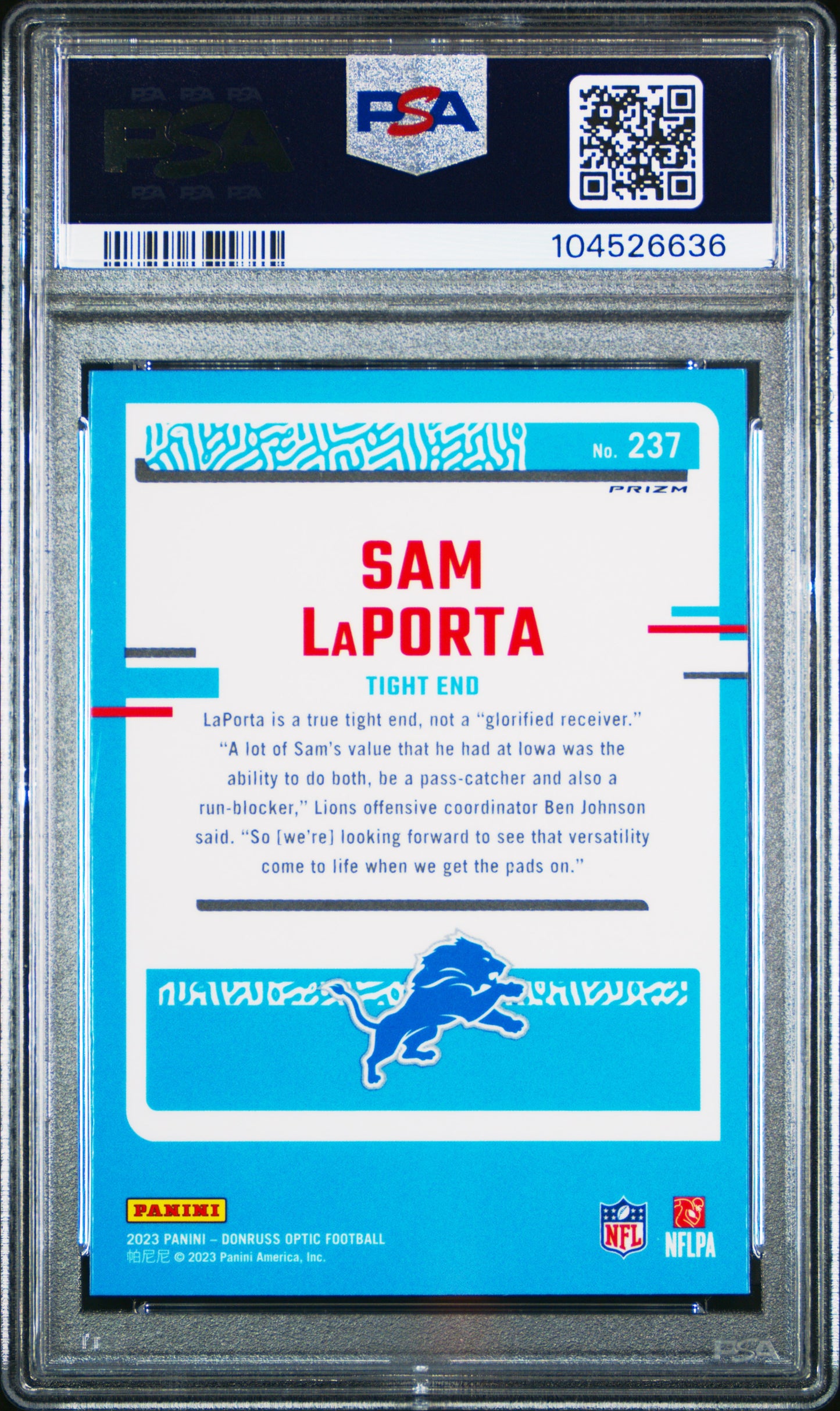 2023 Panini Donruss Optic #237 Sam Laporta Purple Shock PSA 9
