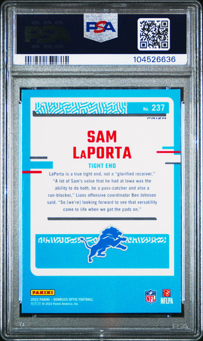 2023 Panini Donruss Optic #237 Sam Laporta Purple Shock PSA 9