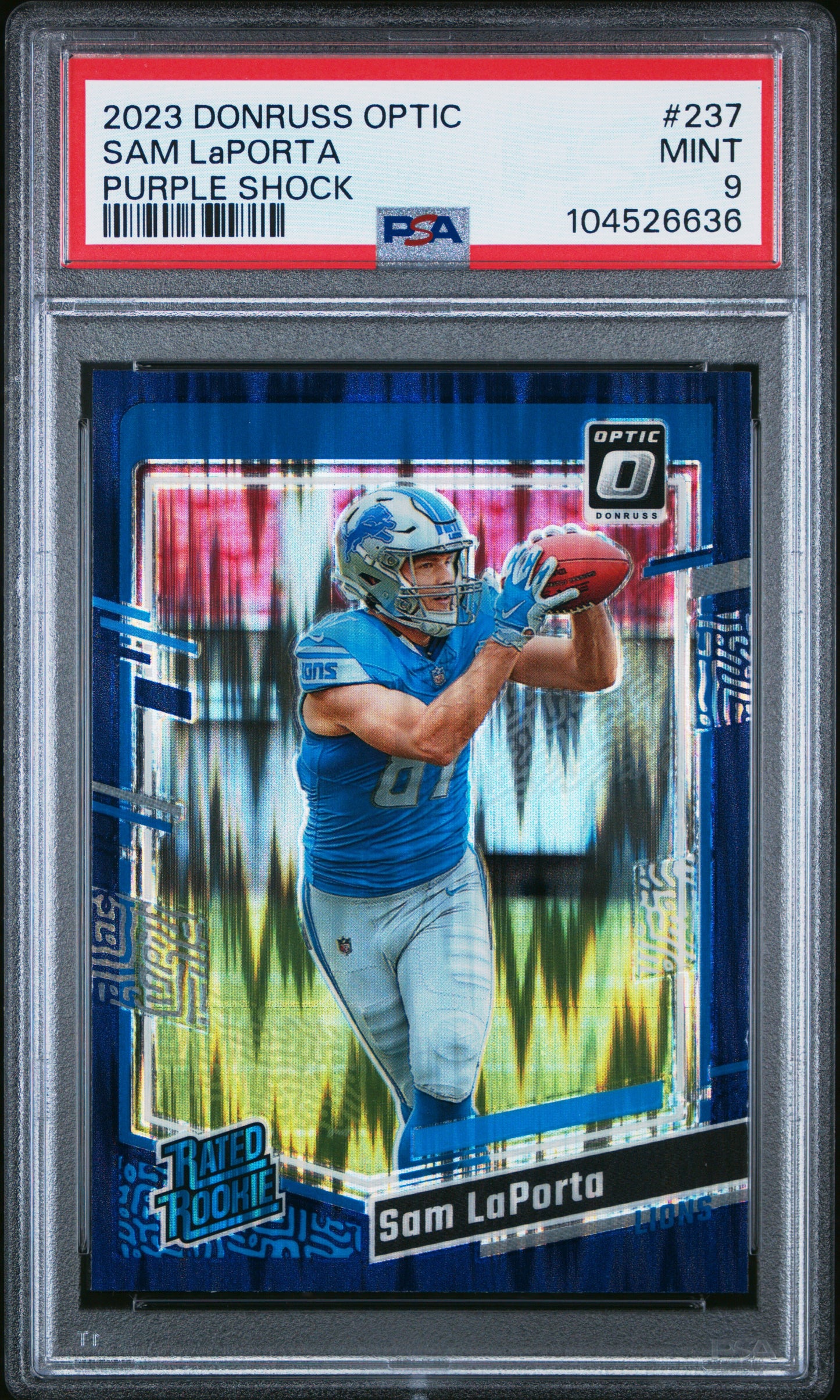 2023 Panini Donruss Optic #237 Sam Laporta Purple Shock PSA 9