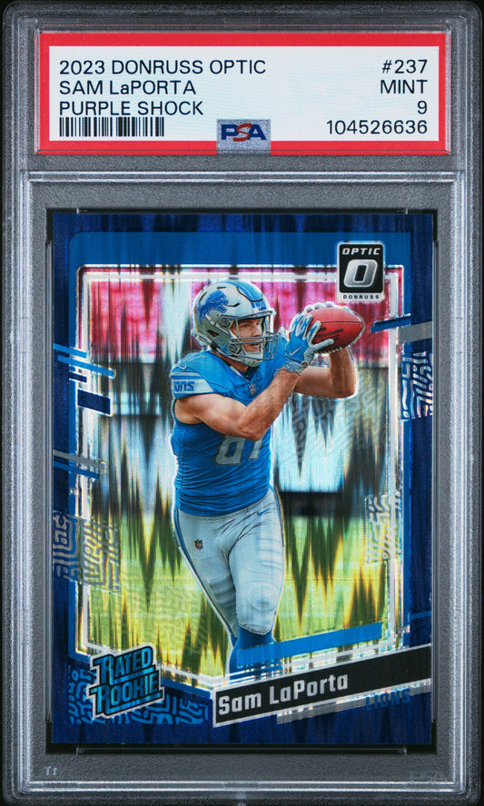2023 Panini Donruss Optic #237 Sam Laporta Purple Shock PSA 9