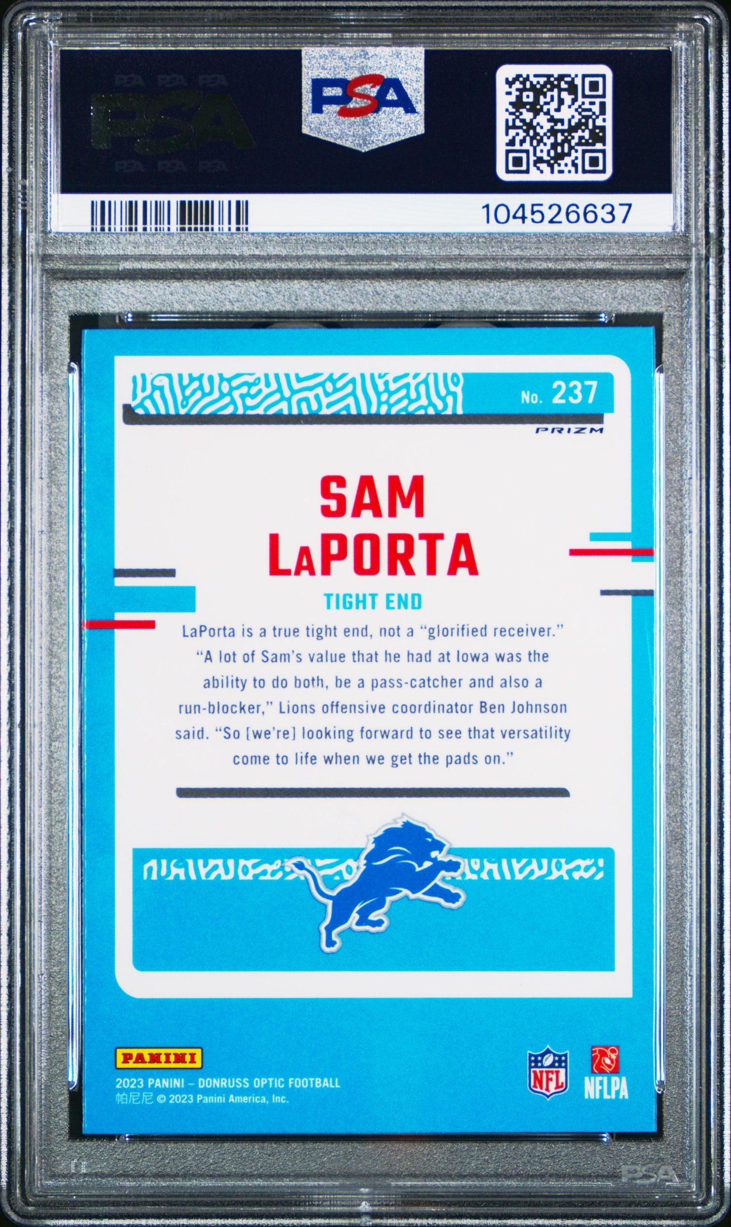 2023 Panini Donruss Optic #237 Sam Laporta Purple Shock PSA 10