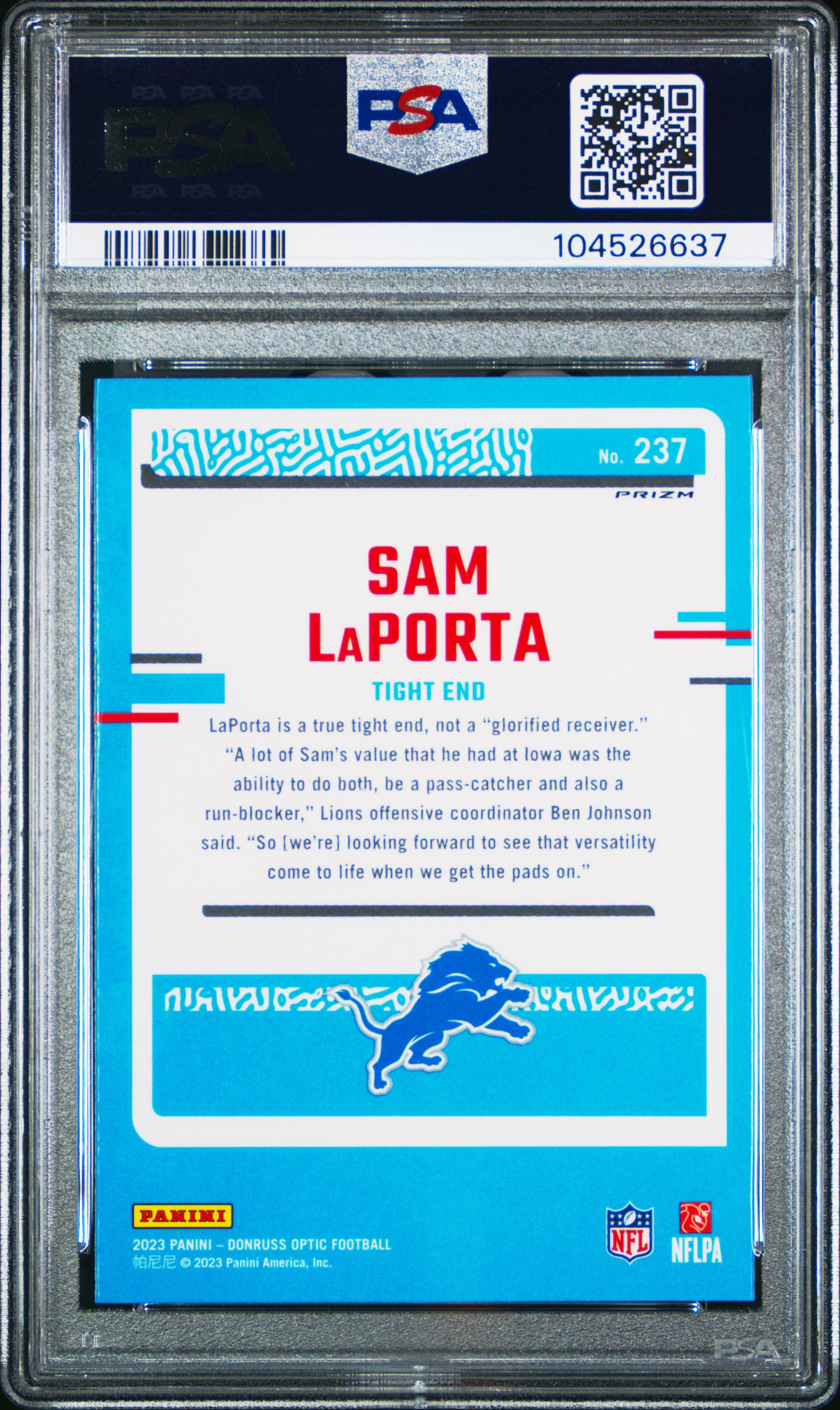 2023 Panini Donruss Optic #237 Sam Laporta Purple Shock PSA 10