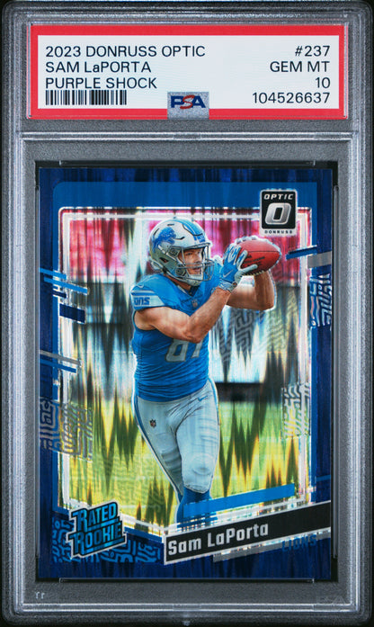 2023 Panini Donruss Optic #237 Sam Laporta Purple Shock PSA 10