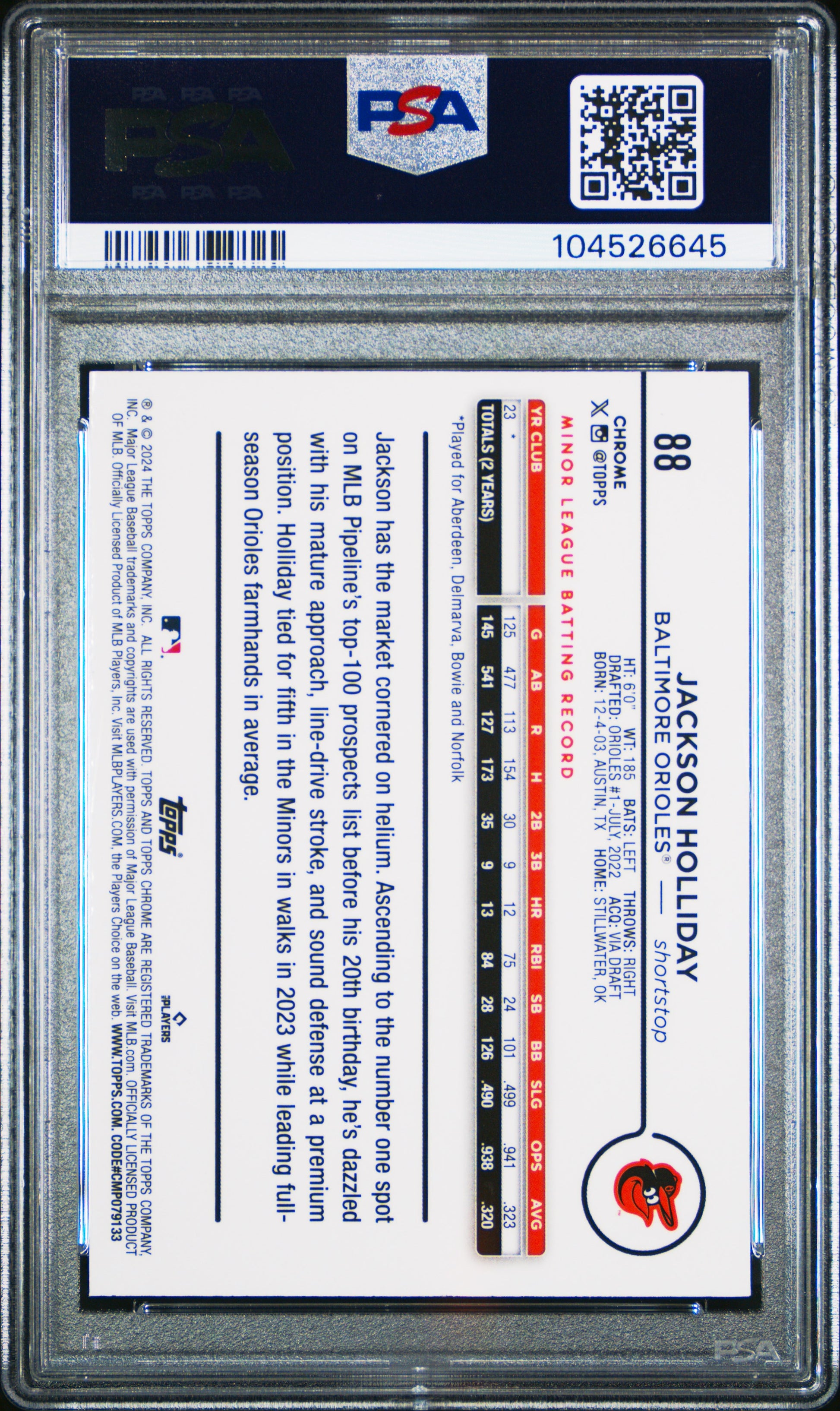 2024 Topps Chrome Logofractor Edition #88 Jackson Holliday Purple Ref/250 PSA 10