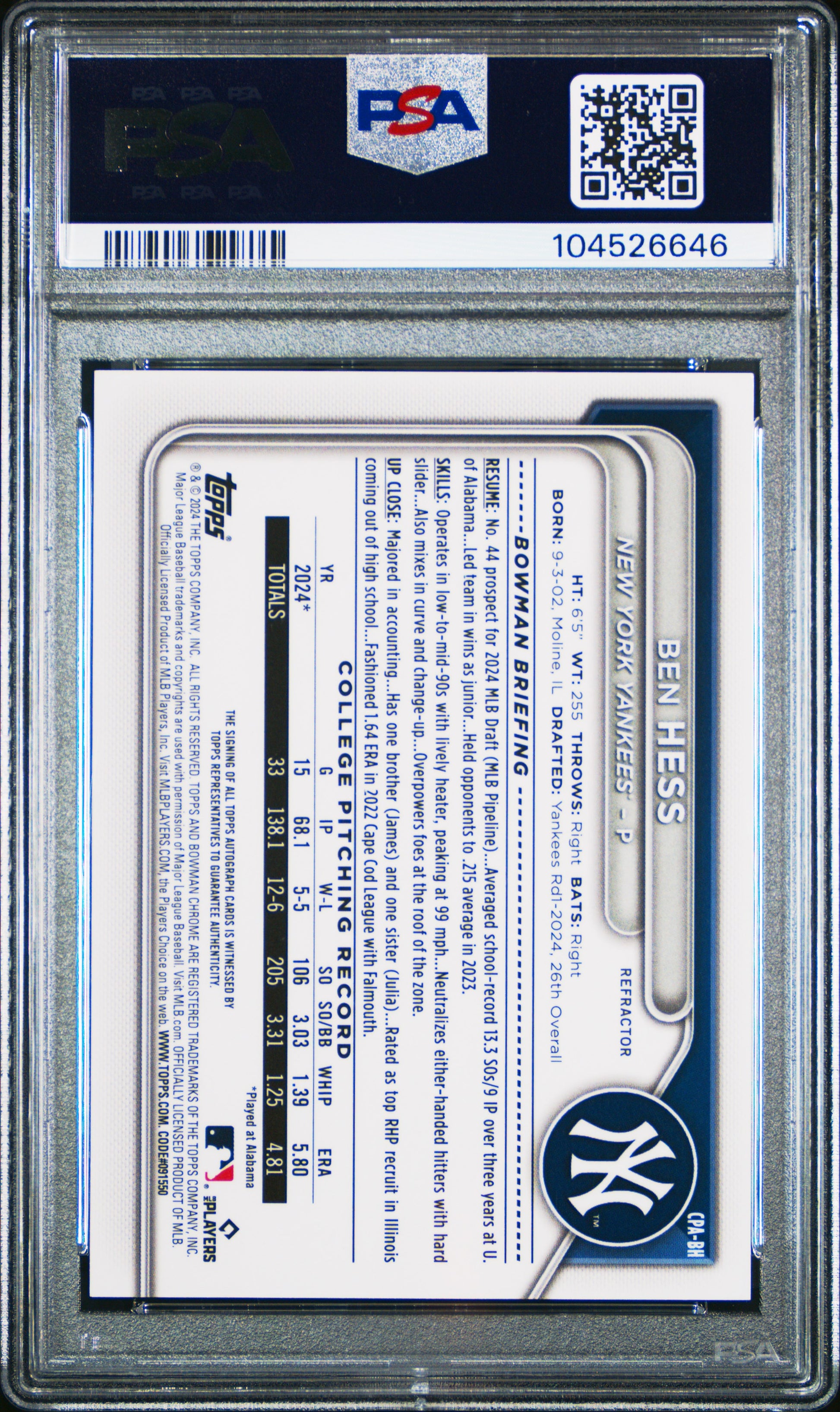 2024 Bowman Draft Chrome Prospect Autographs #CPABH Ben Hess Refractor/499 PSA 9