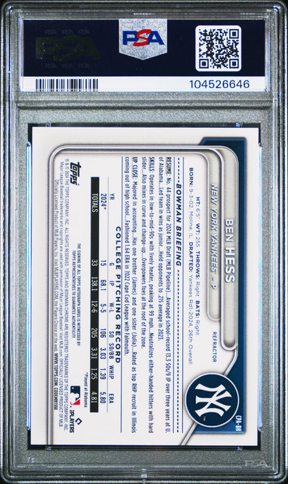 2024 Bowman Draft Chrome Prospect Autographs #CPABH Ben Hess Refractor/499 PSA 9