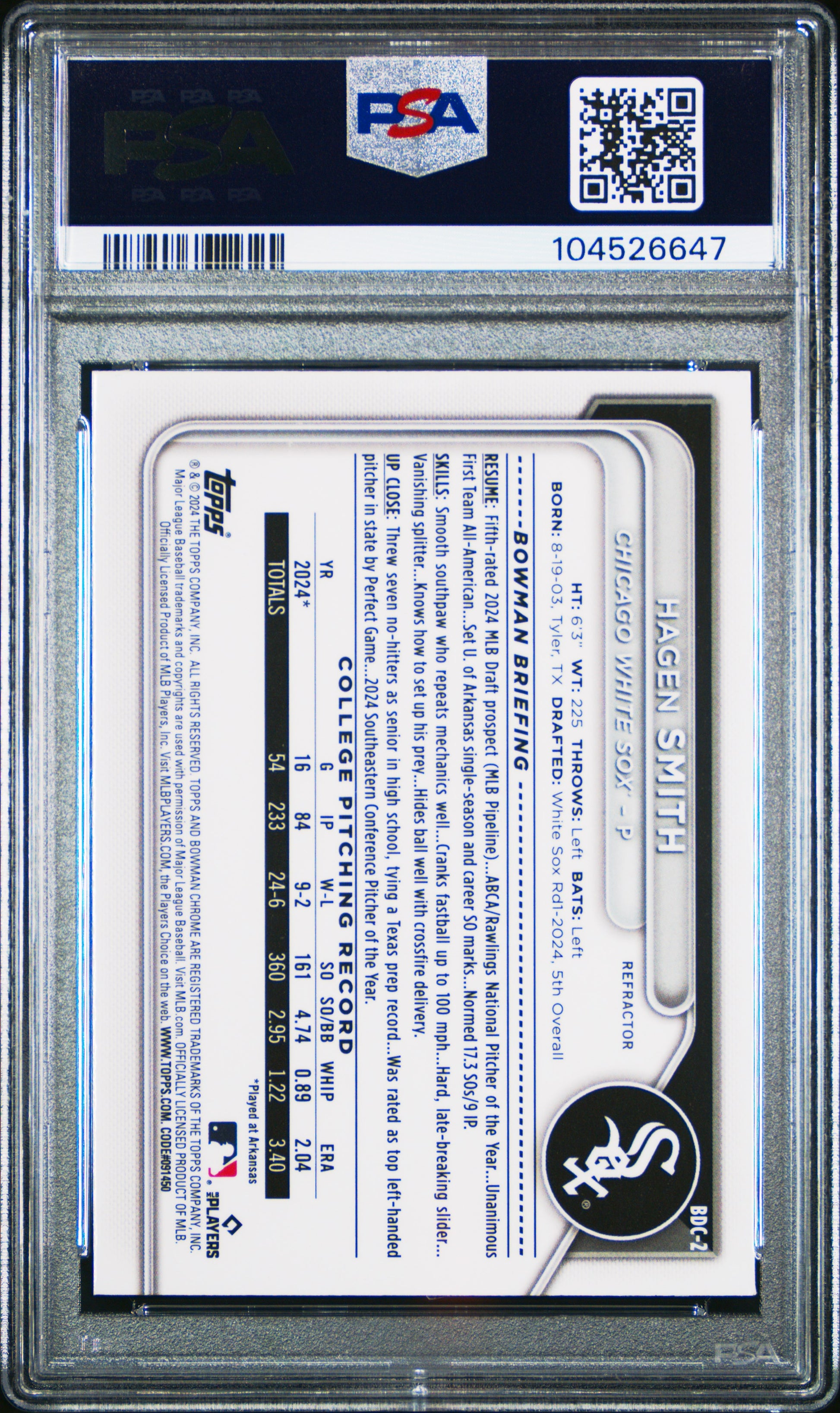 2024 Bowman Draft #BDC2 Hagen Smith Chrome-Refractor PSA 8