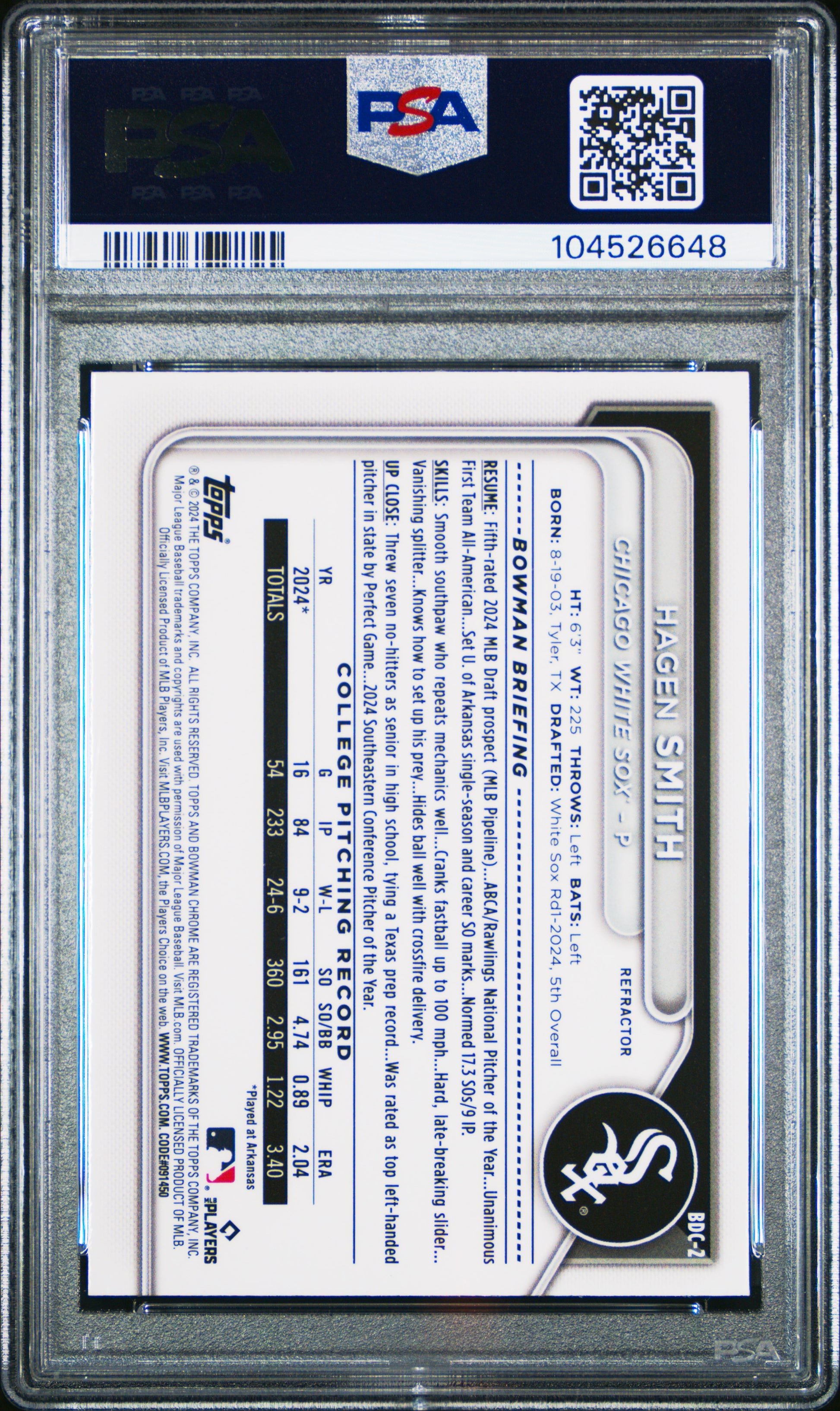 2024 Bowman Draft #BDC2 Hagen Smith Chrome-Refractor PSA 8