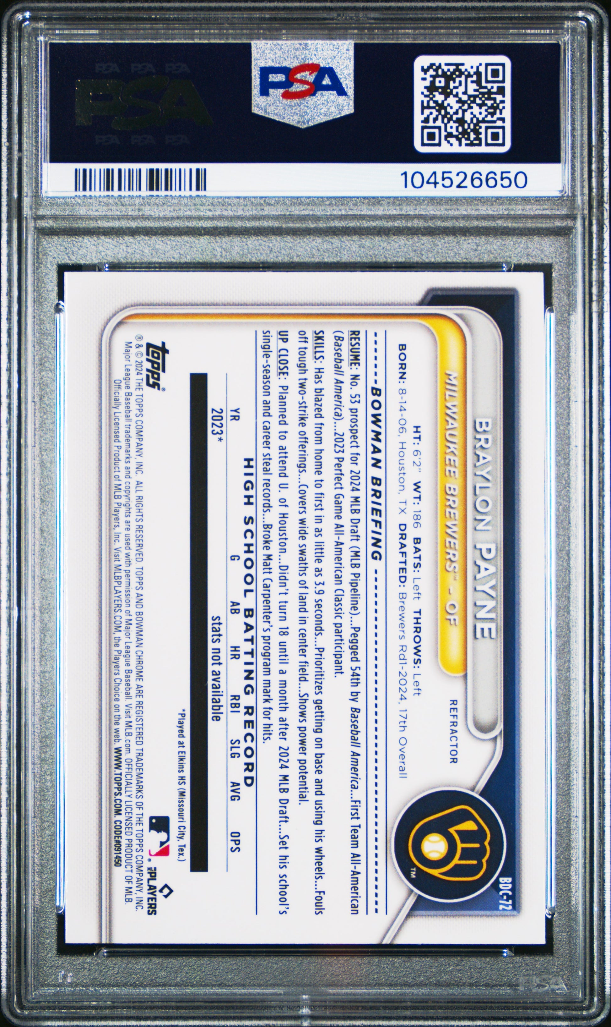 2024 Bowman Draft #BDC72 Braylon Payne Chrome-Refractor PSA 8