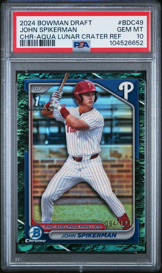 2024 Bowman Draft #BDC49 John Spikerman Chr-Aqua Lunar Crater Ref PSA 10